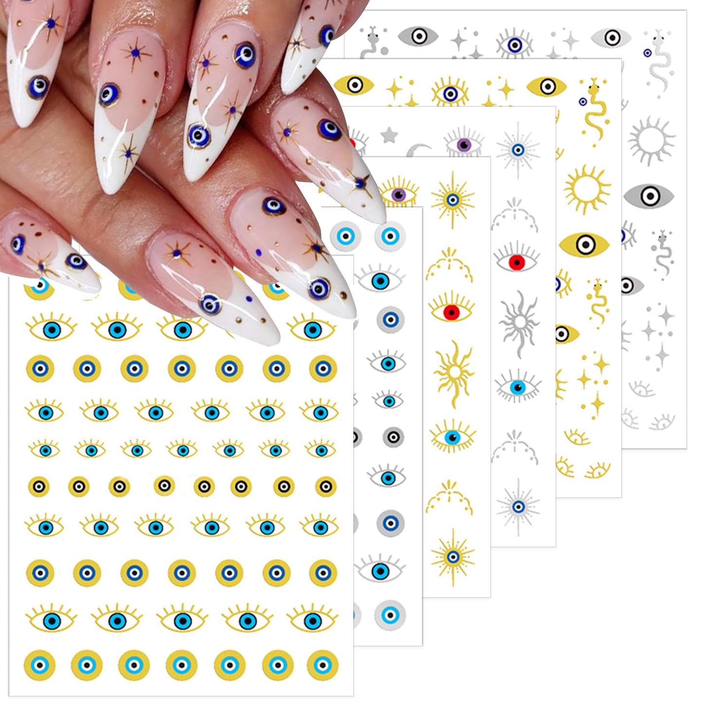 6 Sheets Halloween Eye Nail Art Stickers 3D Self Adhesive Gold Silver Nail Stickers Gothic Eye Nail Decals Star Sun Nail Art Supplies Halloween Holiday Nails Supply for Women DIY Manicure Kit