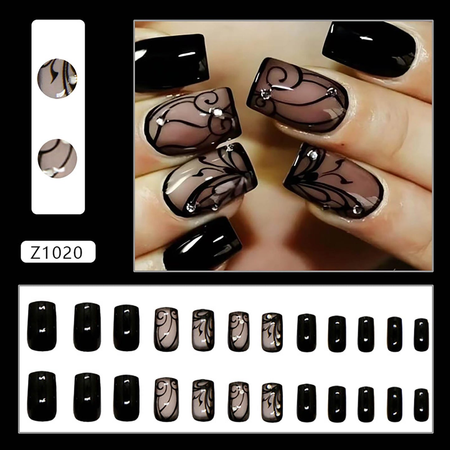 Short Press on Nails Square Fake Nails Black French Tip Acrylic False Nails with Dark Vines Design Full Cover Glue on Nail Glossy Nails Press ons Short Stick on Nail for Women 24Pcs