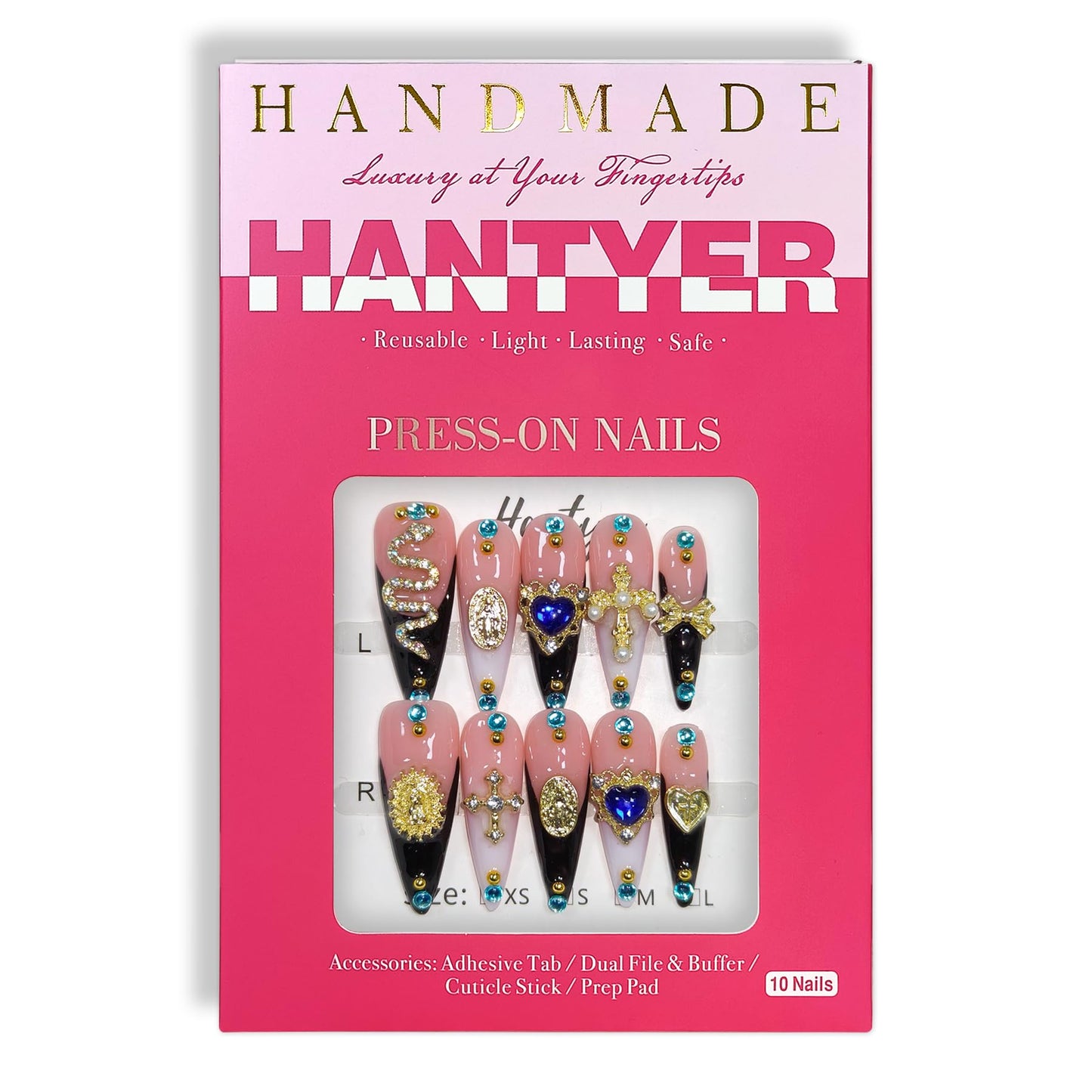 Hantyer Black French Tip Press on Nails with 3D Metal Snake, Cross Charms & Rhinestones, Long Stiletto Glossy Iced Edgy Chic Fake Nails, Reusable Gothic Glam False Nails for Women Party (Size M)