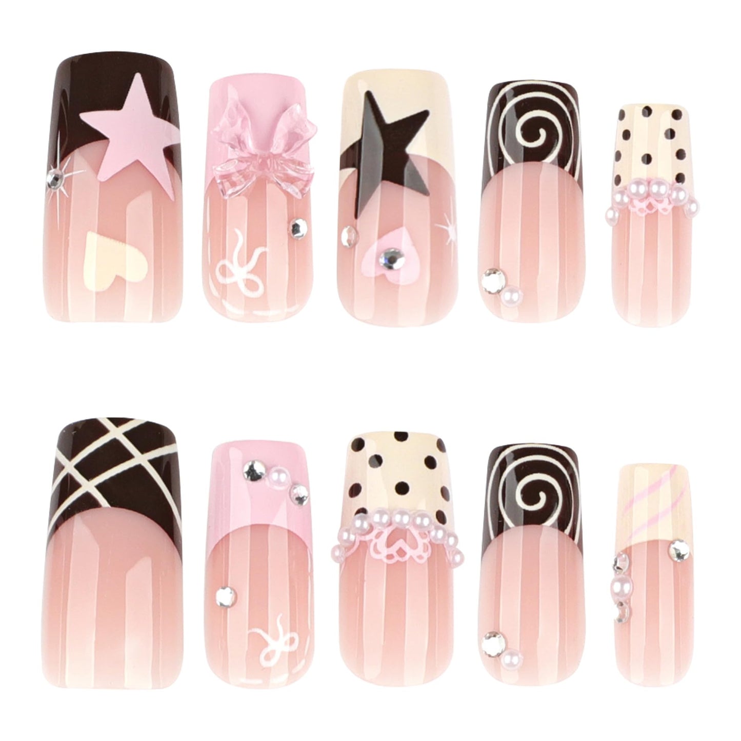Medium Square Press on Nails Fake Nails Artificial Nail Stick on Nail for Women, Pink White & Black French Tip with Polka Dot, Star and Lace Designs, Sparkling Accents