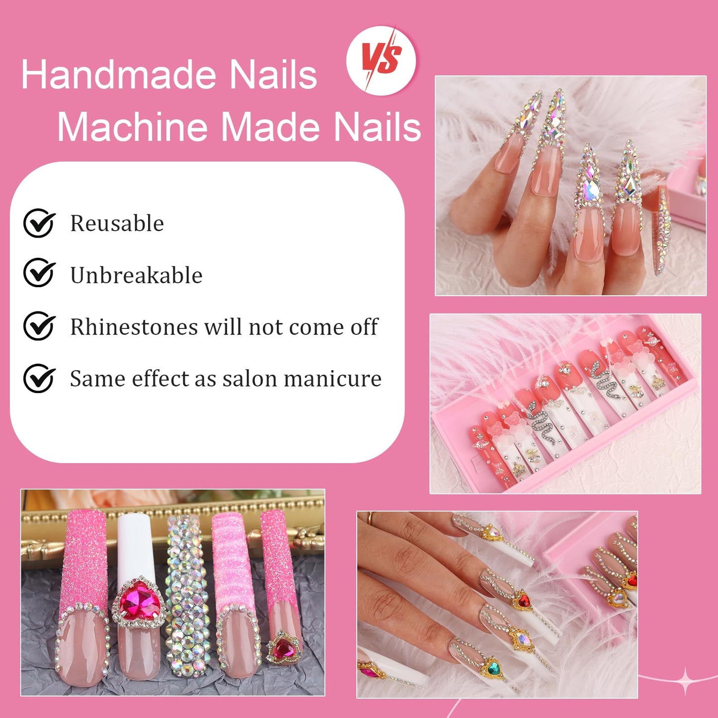 Handmade Long Acrylic Nail Tips, Pink Press on Nails with Full Covered Crystals, Fake Luxury Diamond Nails, Long Square False Nails, Gifts for Women, Reusable Stick On Nails 10Pcs,Light pink Size L