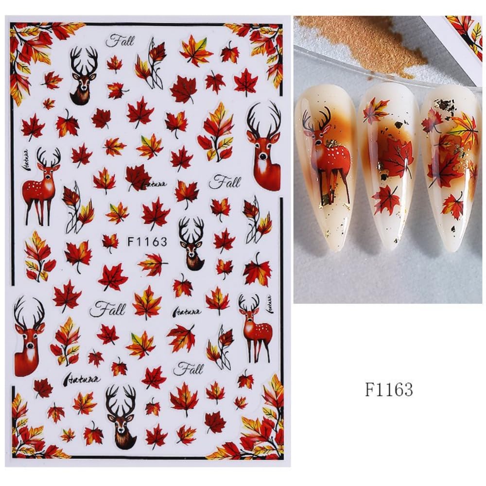 Fall Nail Stickers Mushroom Leaf Nail Art Stickers 3D Self Adhesive Maple Leaves Elk Nail Decals Autumn Thanksgiving Day Nail Art Supplies Orange Yellow Nail Design for Women 6 Sheets