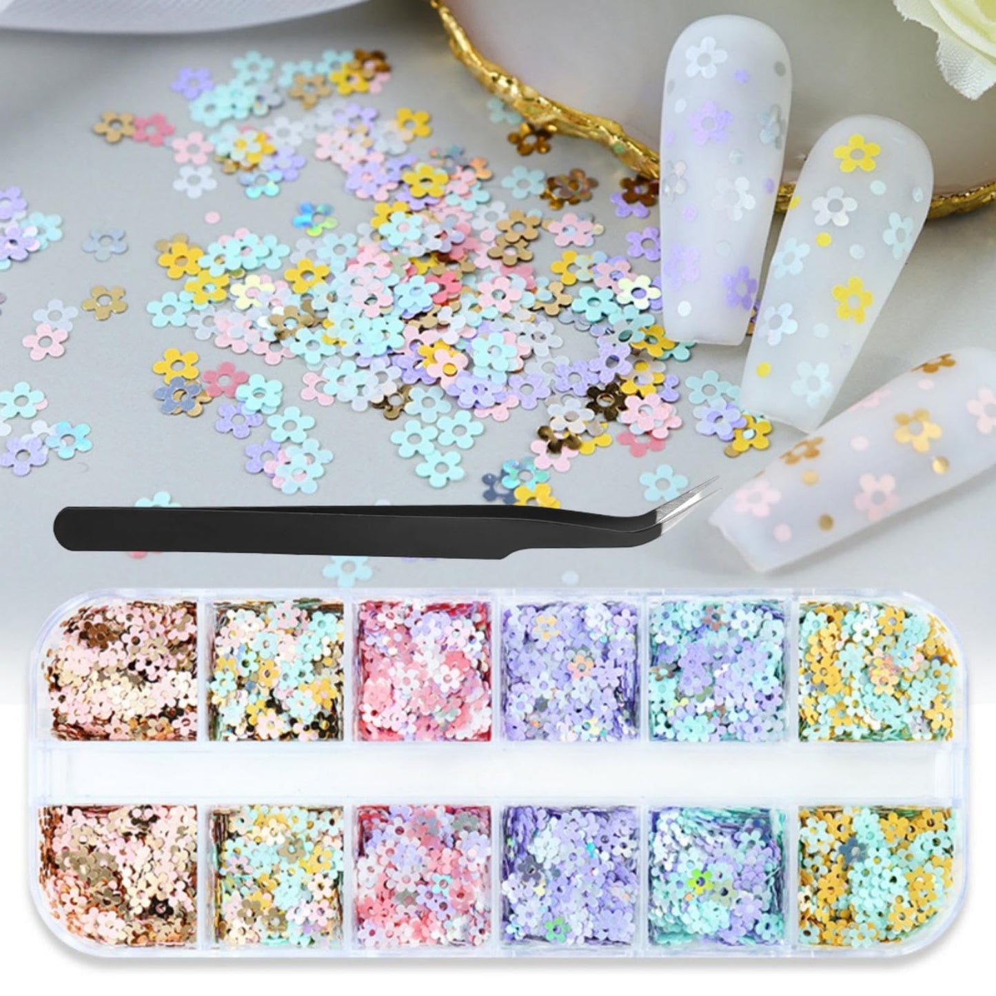 1 Box 6 Color Holographic Flower Nail Glitter Laser Aurora Pink Nail Sequins 3D Blue Purple Nail Flakes Sparkly Powder Flakes Shiny Nail Glitter Colorful Nail Sequins Glitter for Nails Art 12 Grids