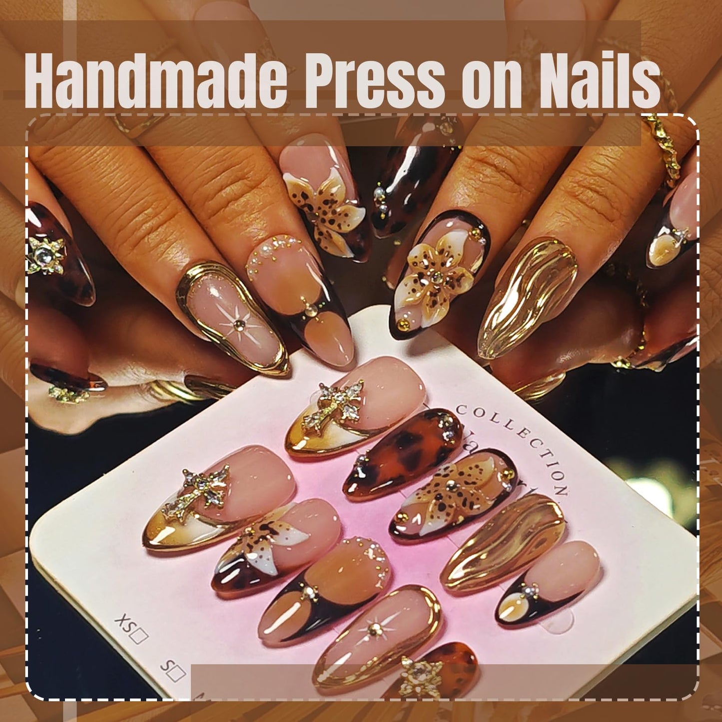 Handmade Acrylic Press On Nails Almond, Brown Press On Nails Medium, Flower 3D Nails French Tip Amber Gold Chrome For Women Gift, Reusable Stick On Fake Nails Kit With Nail Glue(Amber Bloom-S)