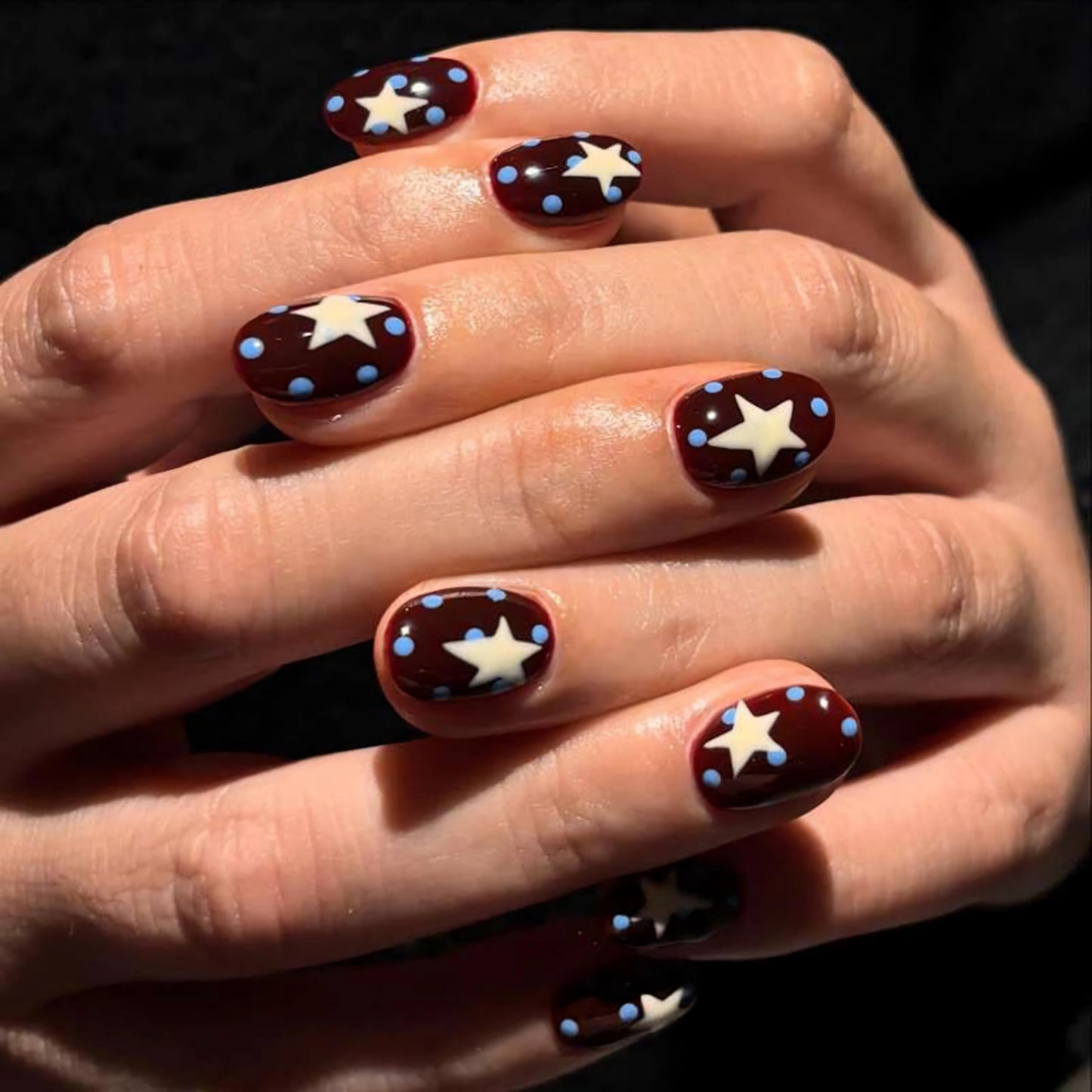 BABALAL Press On Nails, Short Square Fake Nails, Brown with Star & Blue Polka Dot Design, Glossy Retro Western Cowgirl Glue On Nails for Women and Girls 24Pcs