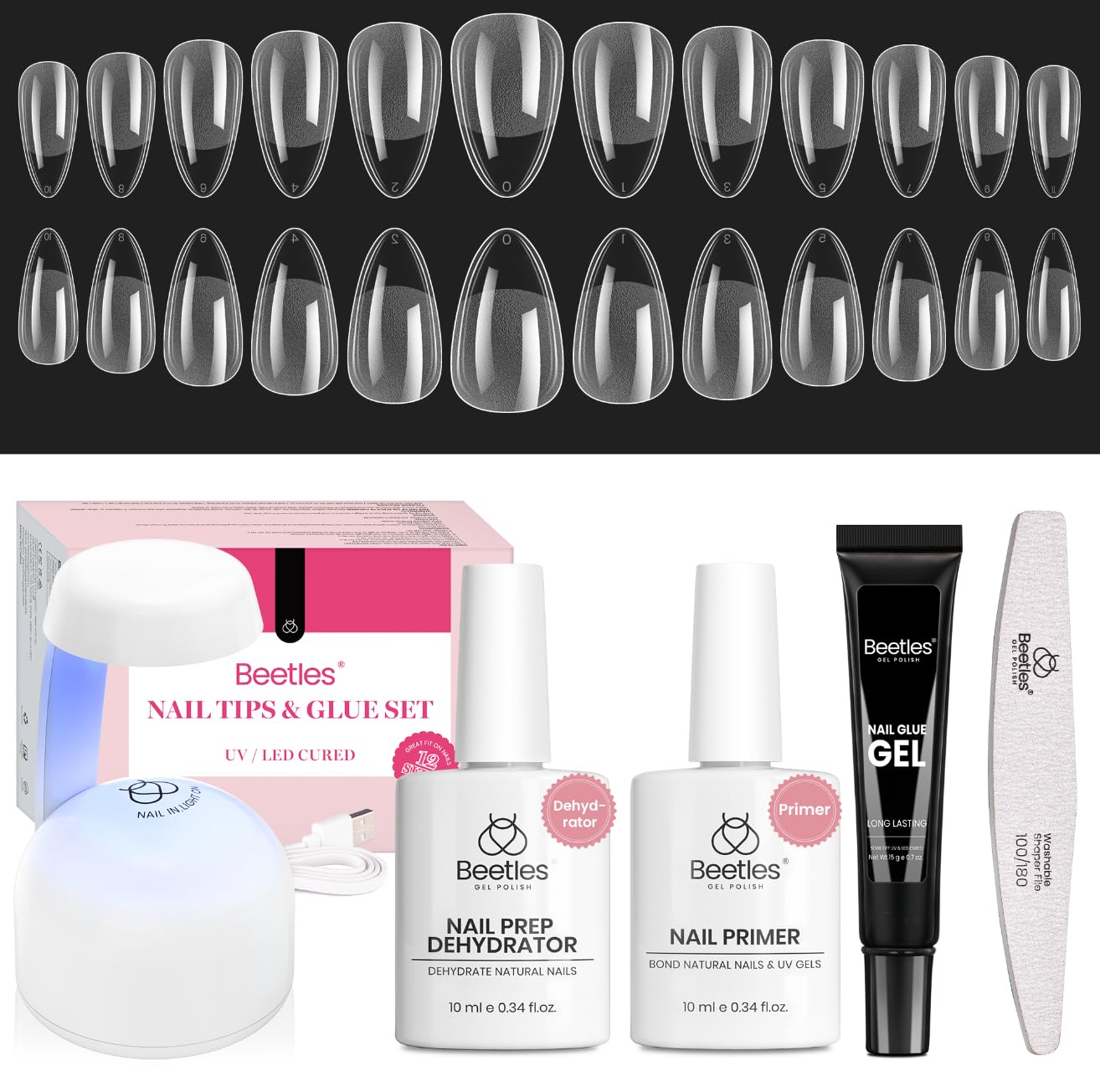 Beetles Gel Nail Kit Short Almond Gift Spree, with Dehydrator and Primer, 576Pcs Half Matte Etch-X Gel Nail Tips Solid Nail Glue Mini Lamp Acrylic Tips Easy DIY Extension Set Gift for Women