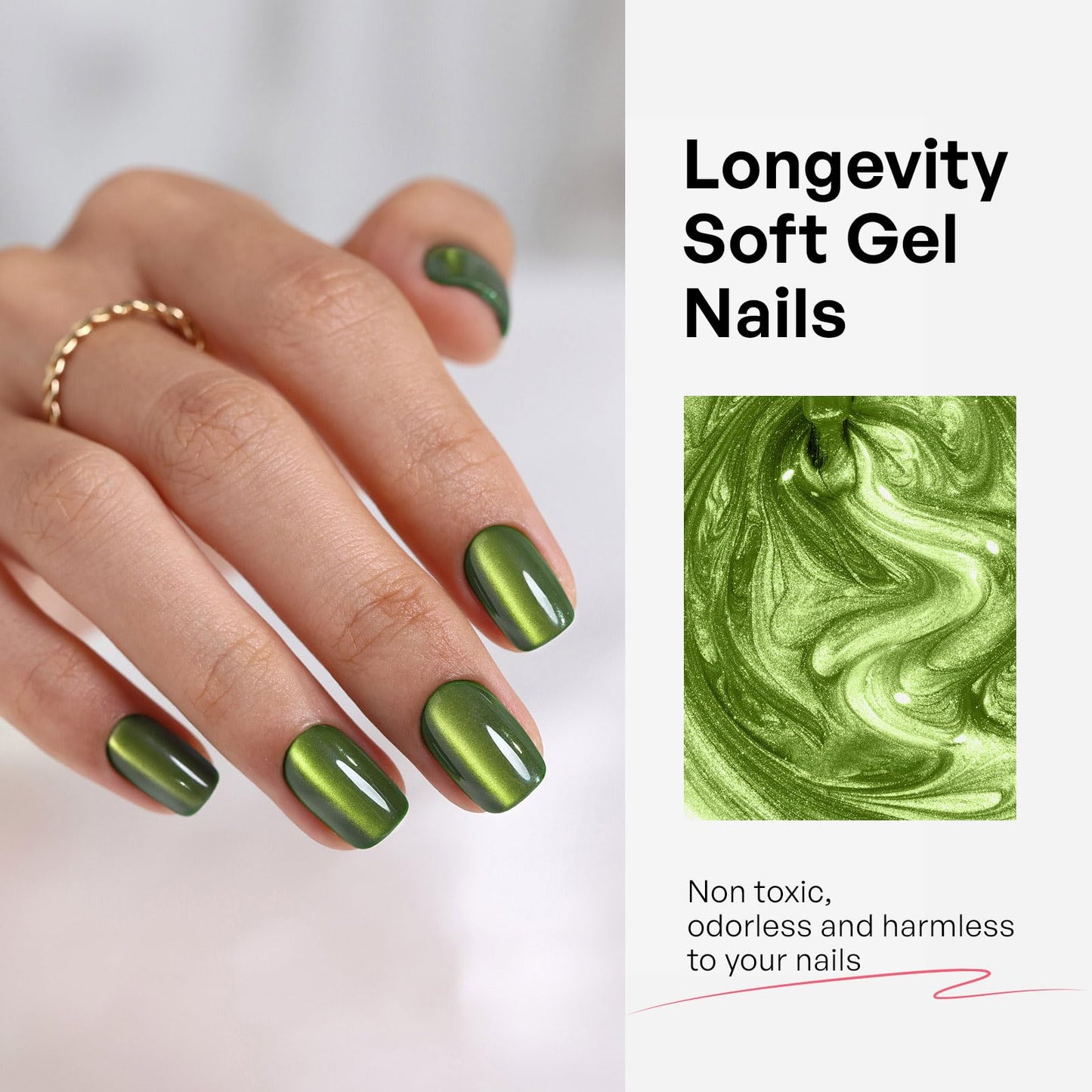 Cat Eye Press on Nails Green - GJZEZ Soft Gel Glossy Glass Cateye Square Magnetic Fake Nail Press ons, Elegant St. Patrick's Day Press On Nails for Women | 16 Sizes - 32 pcs Reusable Nail, Emerald
