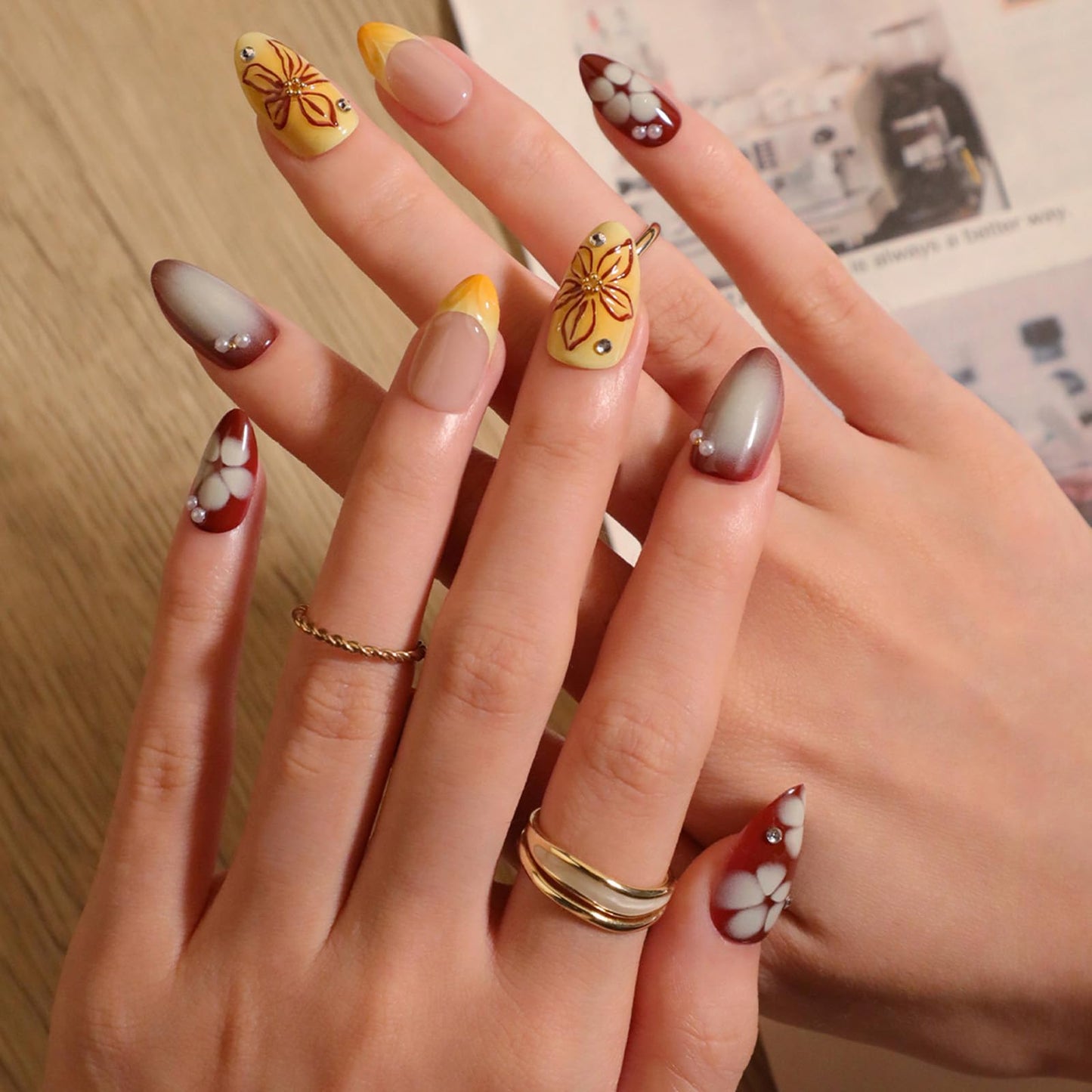 Mivota Yellow French Press On Nails Short Almond, Fall Fake Nails Adorned with Yellow and Burgundy Petal Accents, 3D Design, Glossy Gel Finish Acrylic Nails, Reusable Glue On Nails for Women, 24 Pcs