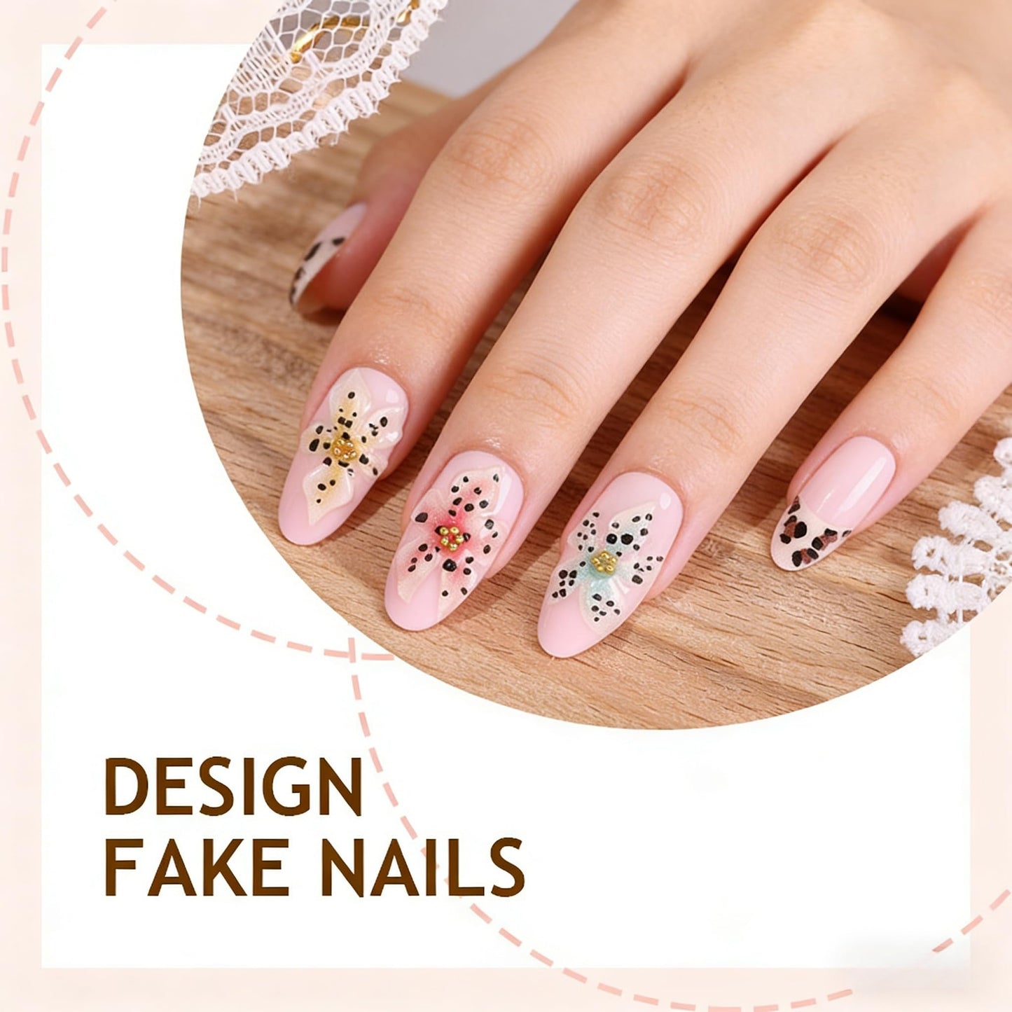 30Pcs 3D Pink Flower Press on Nails Almond Medium Leopard Print French Tip Fake Nails with Hawaiian Floral Gold Bead Designs Glossy Finish Reusable False Nails Glue Tabs Nail for Women DIY Manicure