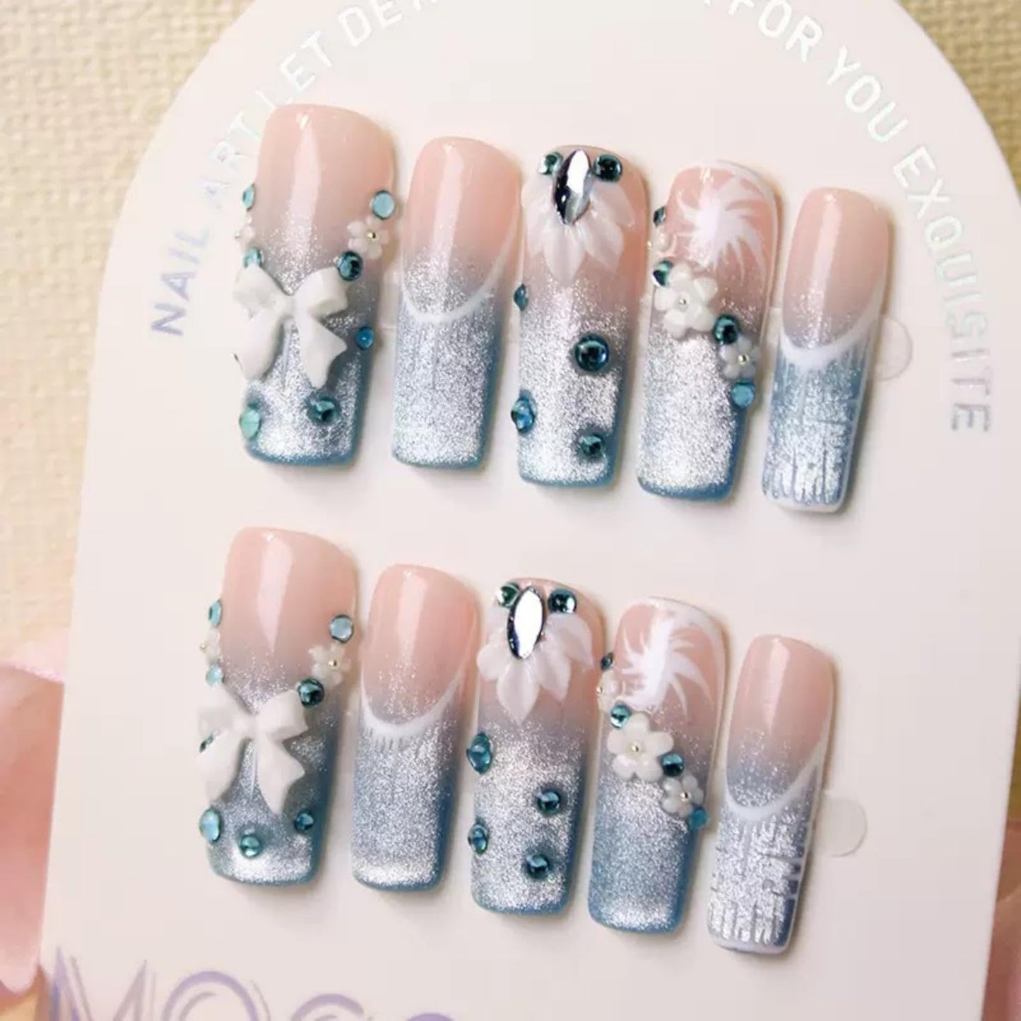 100% 5D Handmade Press on Nails Ombre Blue Fake Nails with Bow Charms Long Square Nails Press ons- French Tips False Nails Glitter Press on Nails for Women Girls Daily Wear DIY Manicure Size M