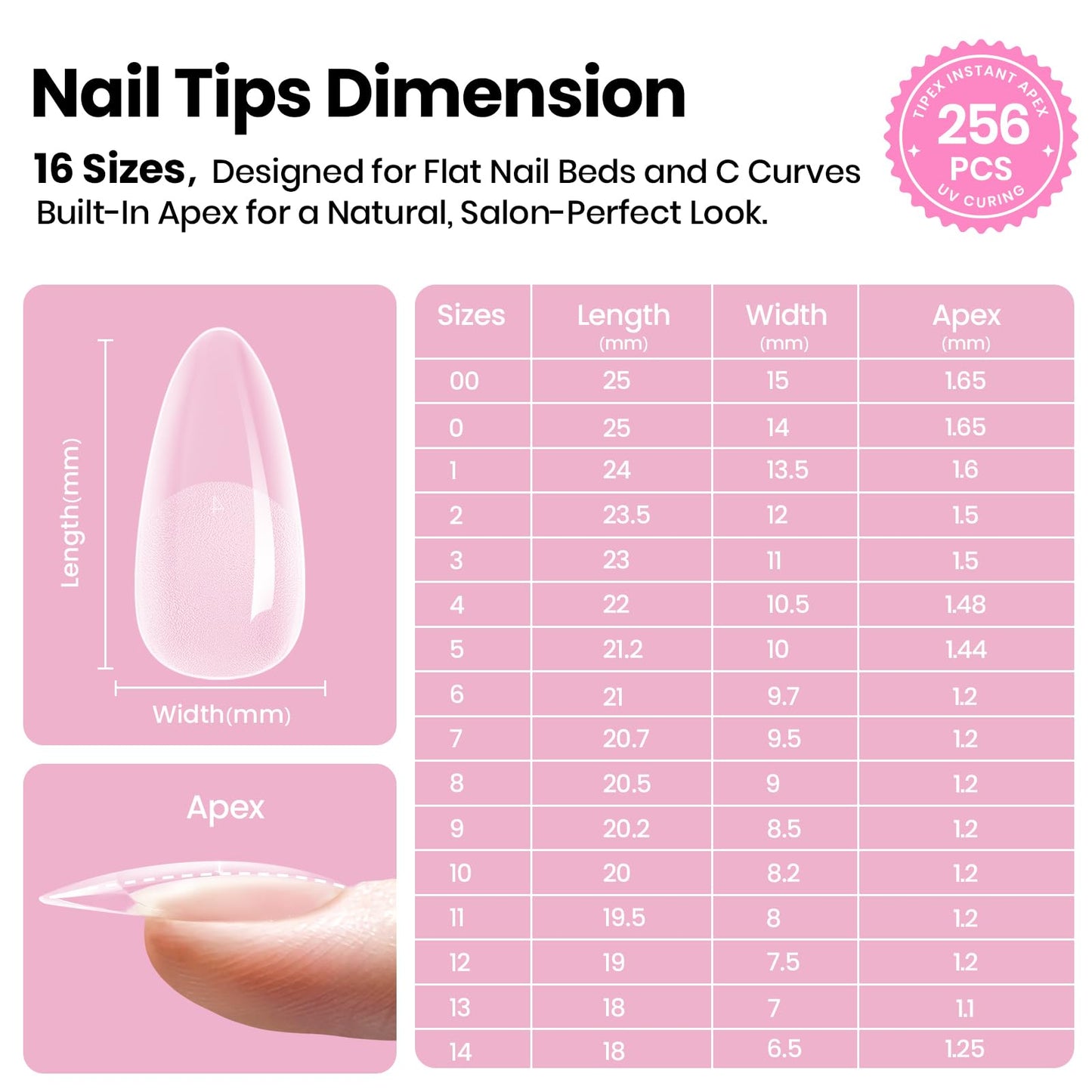 Beetles Tipex Lite Pre-Built Apex Gel Nail Tips, Almond Medium, 256pcs Value Pack, 16 Sizes, Flat-Nail Friendly Acrylic Tips for Natural Nail Beds, Easy for Beginner DIY