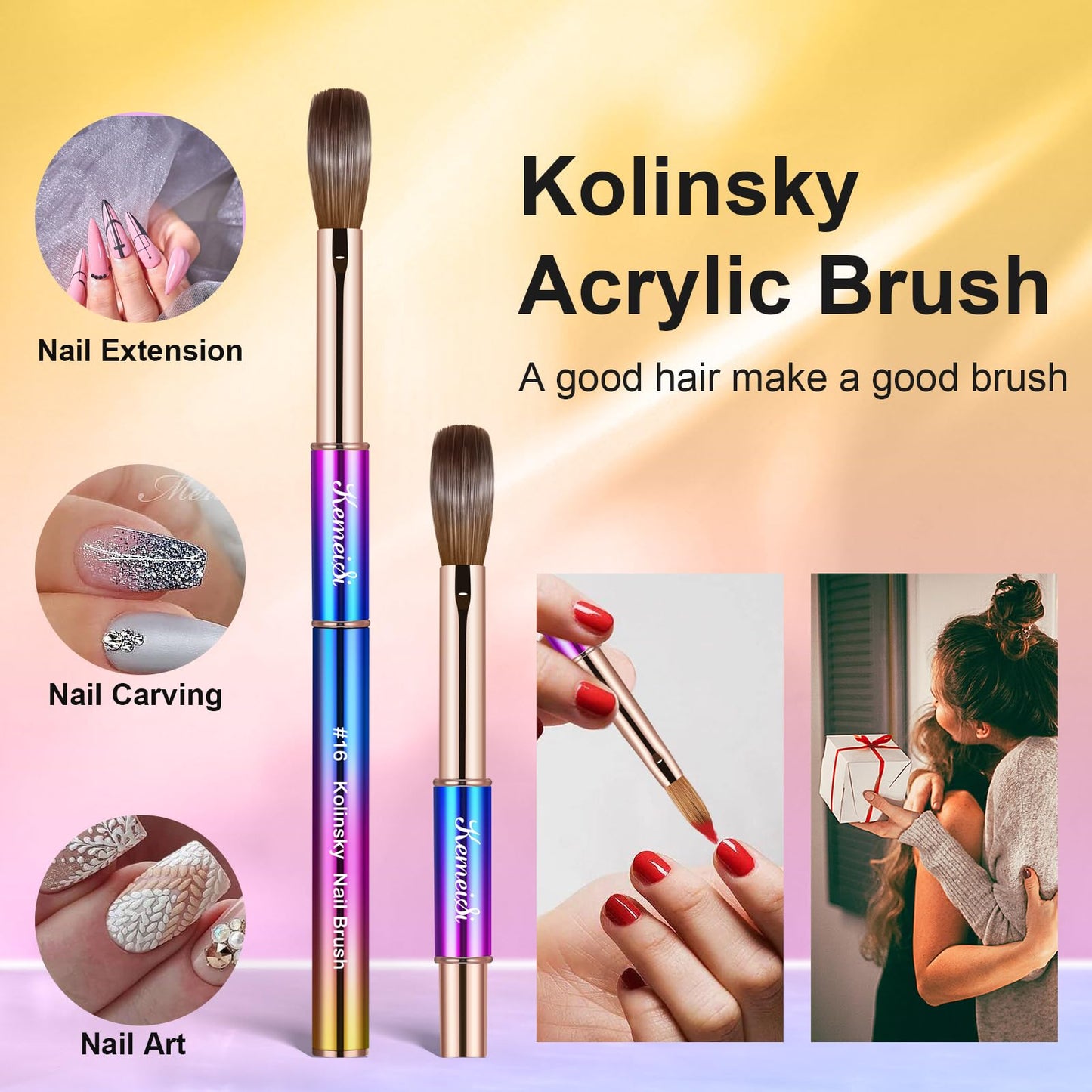 KEMEISI 2PCS Acrylic Nail Brush, Nail Liner Brushes&Size #16 100% Kolinsky Nail Art Brushes for Acrylic Application, Sturdy Handle Oval Shaped Acrylic Nail Design Tools for Professional Manicure DIY