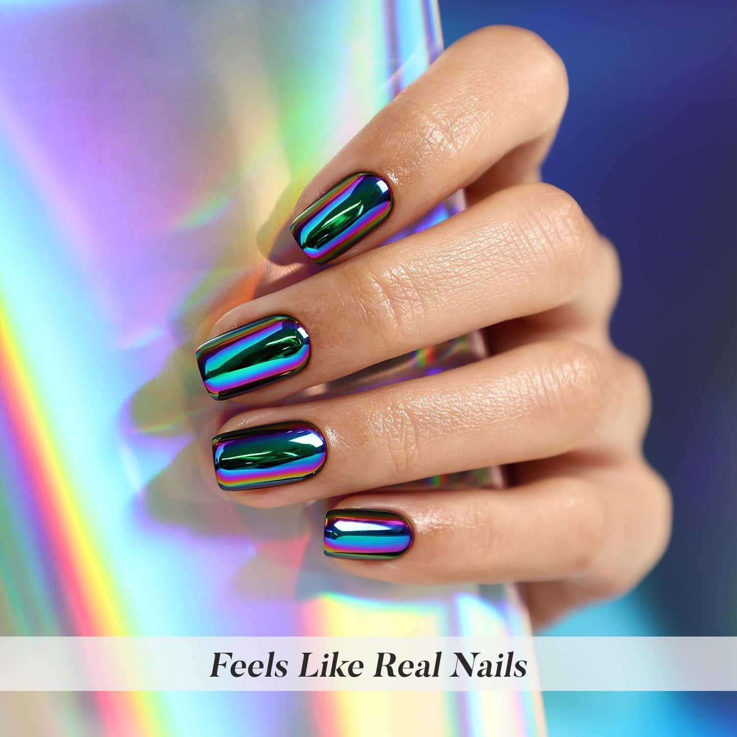Metallic Chrome Press on Nails Squoval - SHANGMENG Blue Purple Holo Short Nails for Women Gift, Soft Gel Glossy Glue on Nails with Glue in 16 Sizes - 32 Reusable Fake Nails Kit, Neon Noir