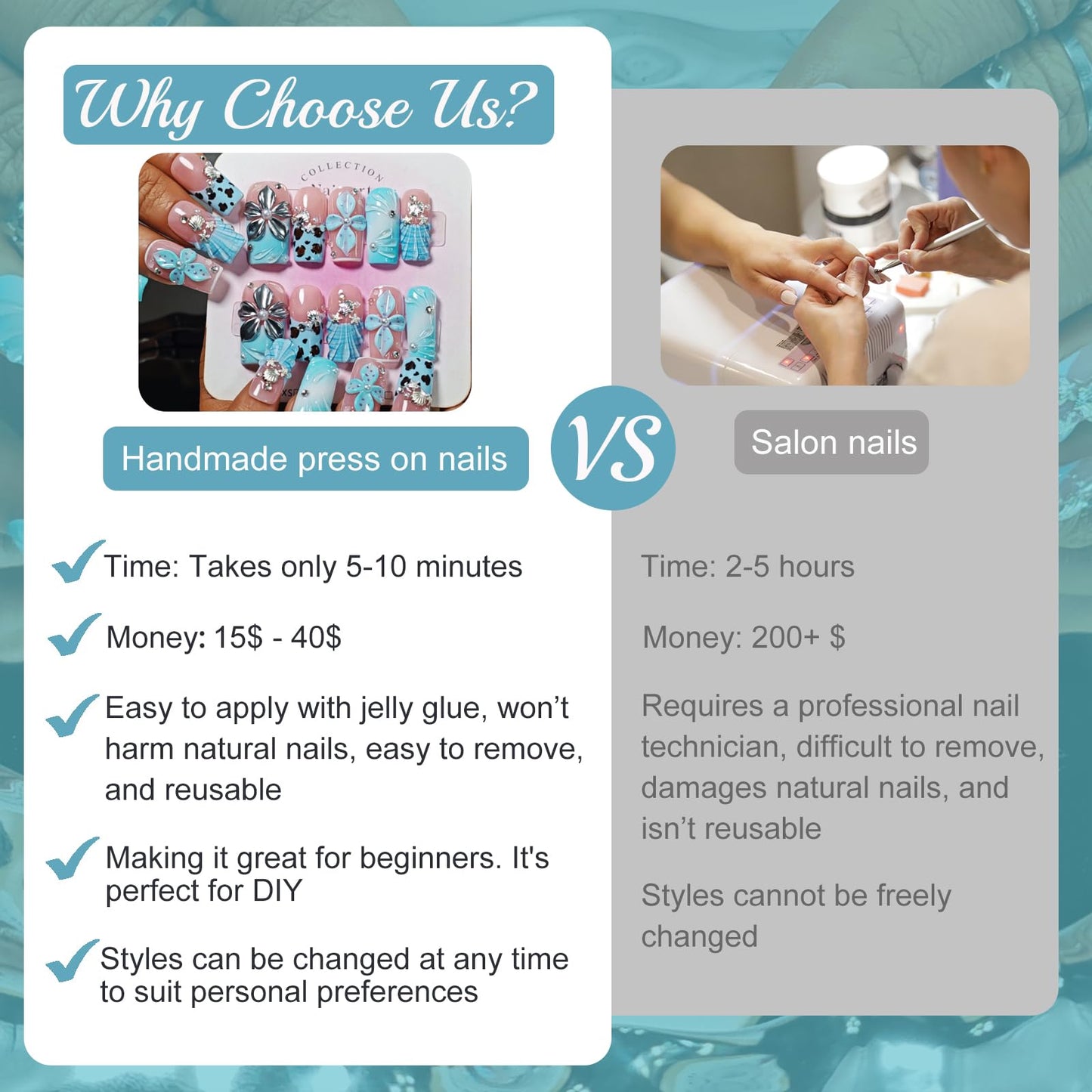 Handmade Press On Nails Square, Blue Press On Nails Medium, 3D Acrylic Nails French Tip Silver Flower Shell Leopard For Women Gift, Reusable Stick On Fake Nails Kit With Nail Glue(Tidal Blossom-S)