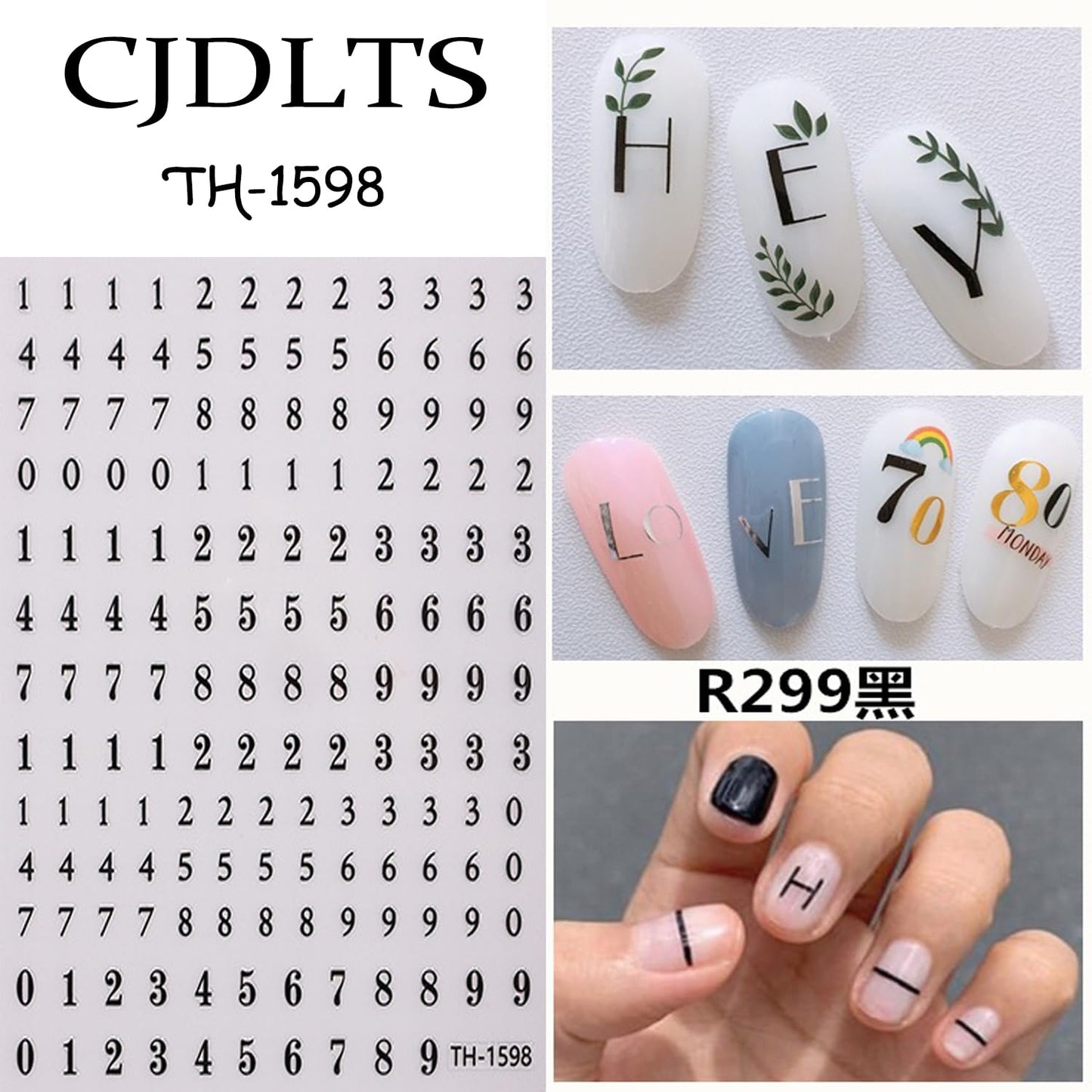 6 Sheets Letters and Numbers Nail Art Stickers 3D Self-Adhesive Black White Silver Letters Nail Decals Holographic Number Nails Stickers Decoration Suitable Women Daily DIY Manicure Supplies Set