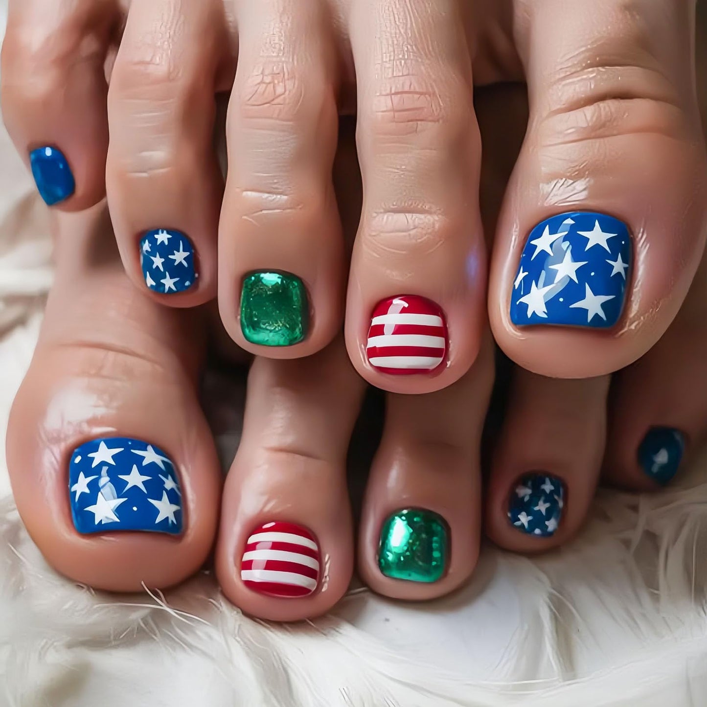 RUOKEXIN 4th of July Press on Toenails Short Square Fake Toenails with American Flag Designs 250th Anniversary USA Toe Nail Press ons Sparkly Artificial Nails for Women 24Pcs