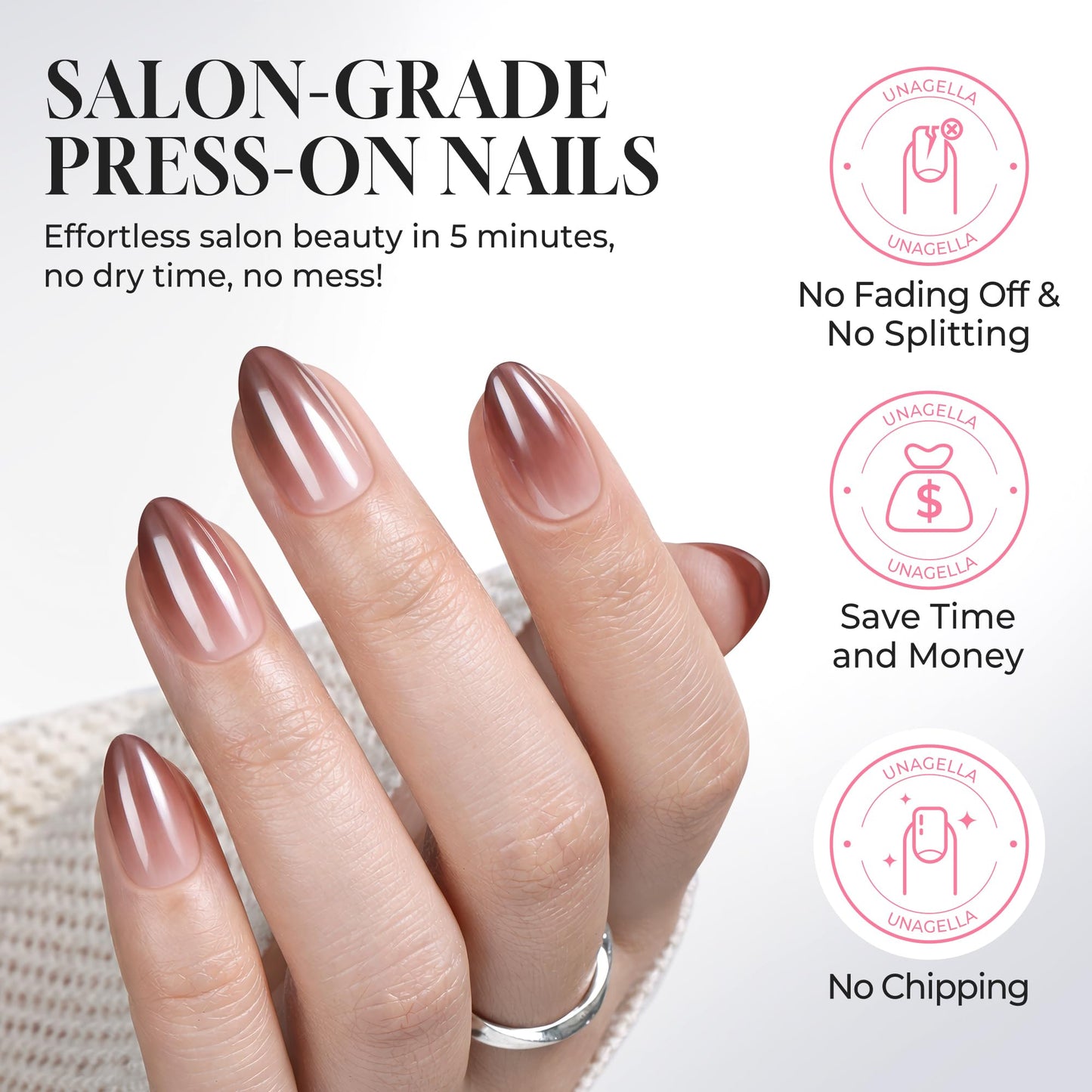 UNA GELLA 32Pcs Soft Gel Press on Nails - 16 Sizes Brown Ombre Chrome Almond Glue on Nails, Reusable Metallic Gradient Short Almond False Nails, Full Cover Acrylic Nail Kit for Women DIY Home Manicure