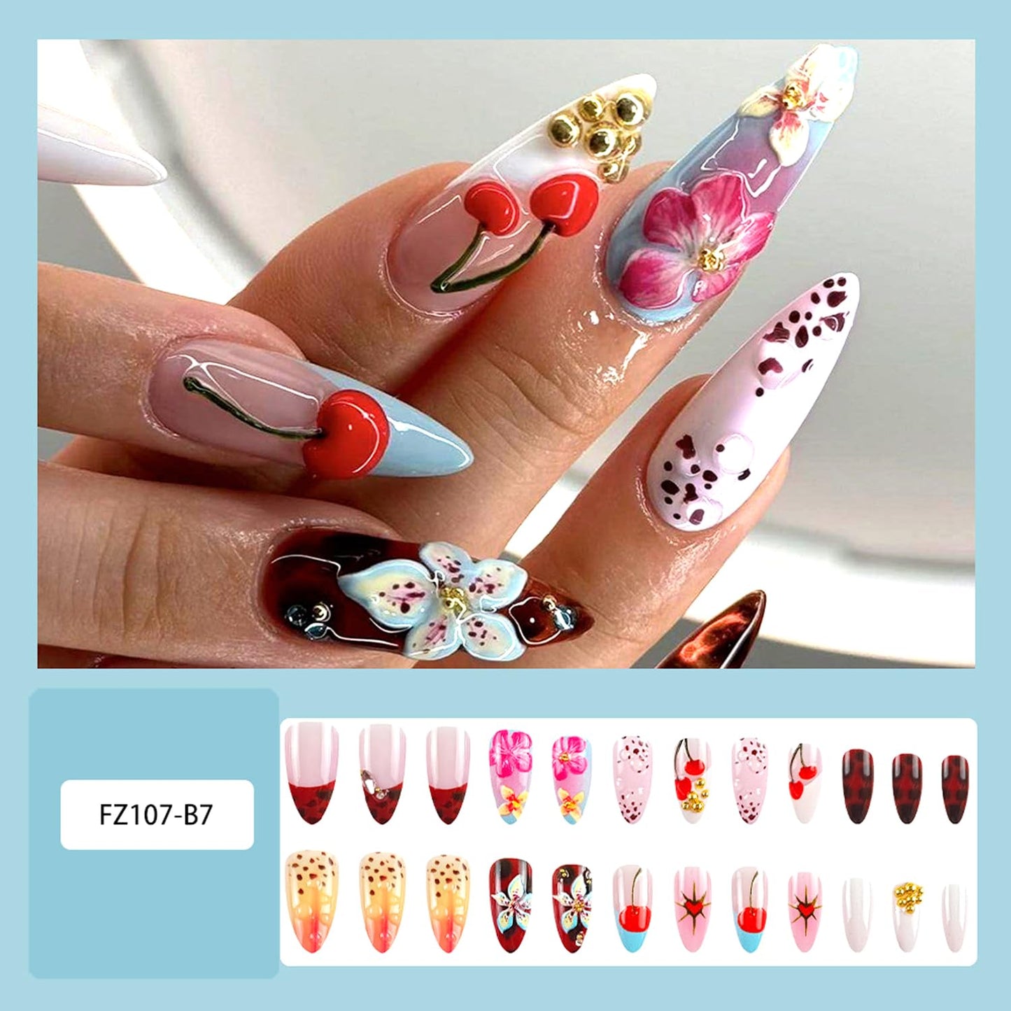 24pcs French Tip Press on Nails Medium Length Flower Embossed Fake Nails Cherry Design Glossy Almond False Nails Full Cover Press ons Simple Fashion Nail Tips Rhinestones Nails for Women