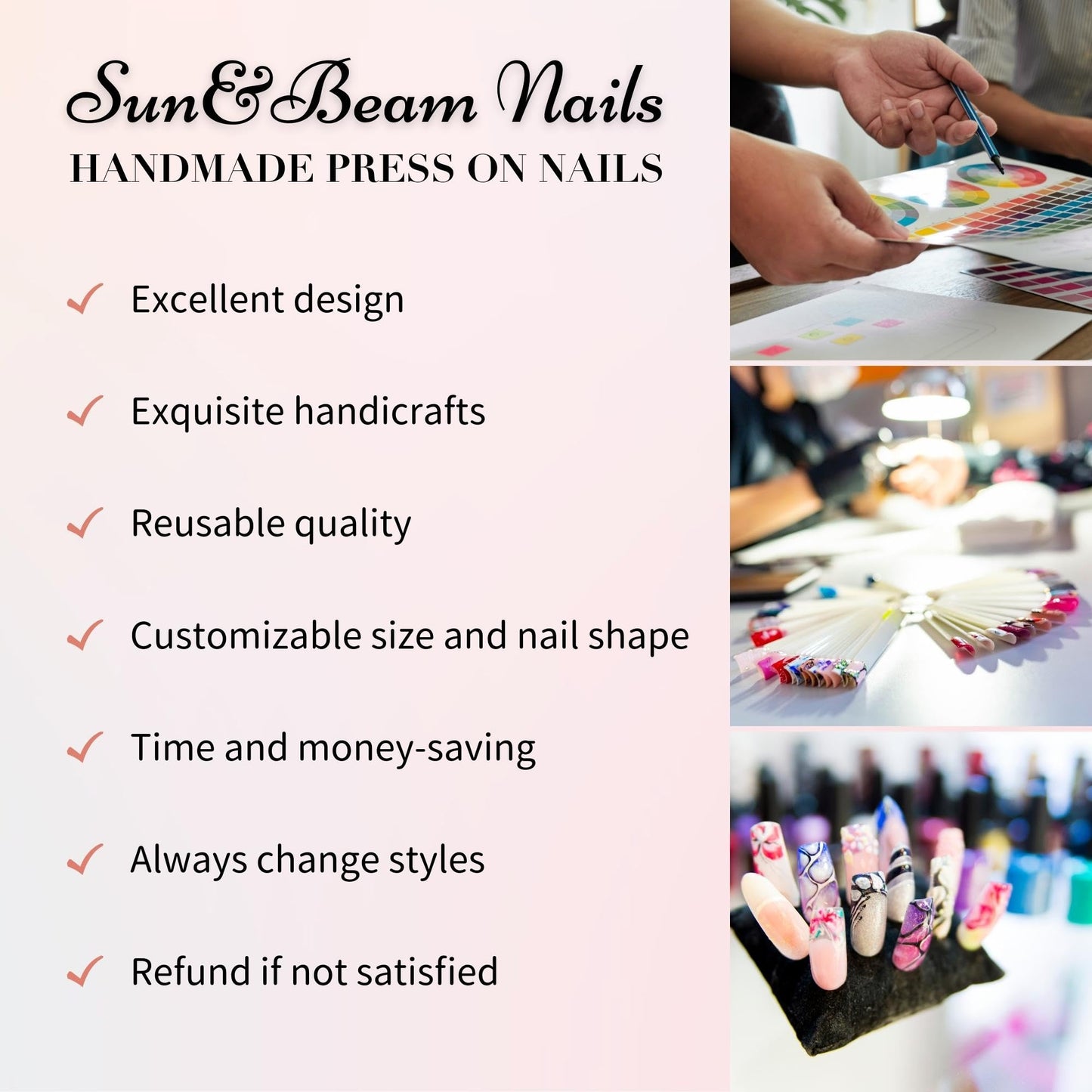 Sun&Beam Nails Handmade Press-on Medium Long Almond Black White Gold 3D Mirror Pearl Design False Nail Tips 10 Pcs (#130 L)