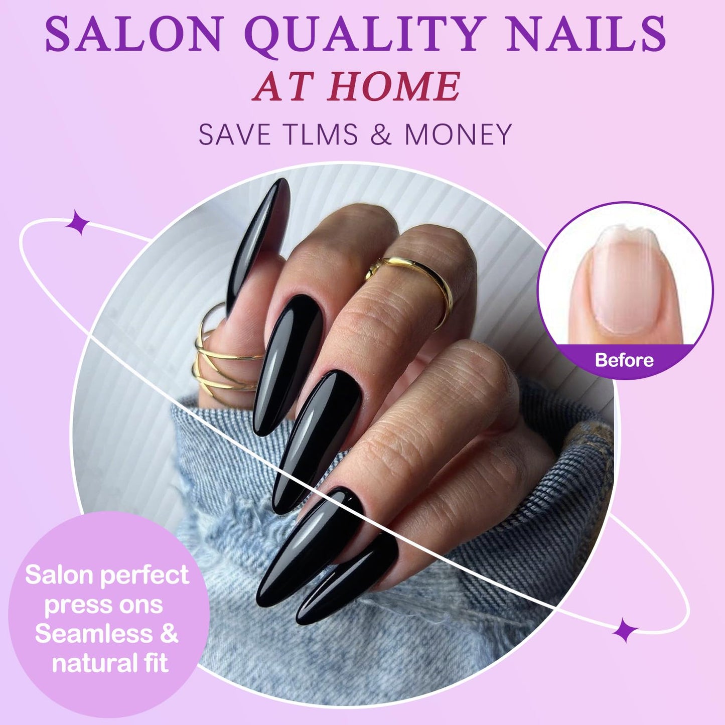 144pc Black Press on Nails Long Stiletto Fake Nails with Glue Tabs, Black Nails Press ons Nails Stiletto Glue on Nail Pointy Acrylic Nails Stick False Artificial Fingernail for Women Girls