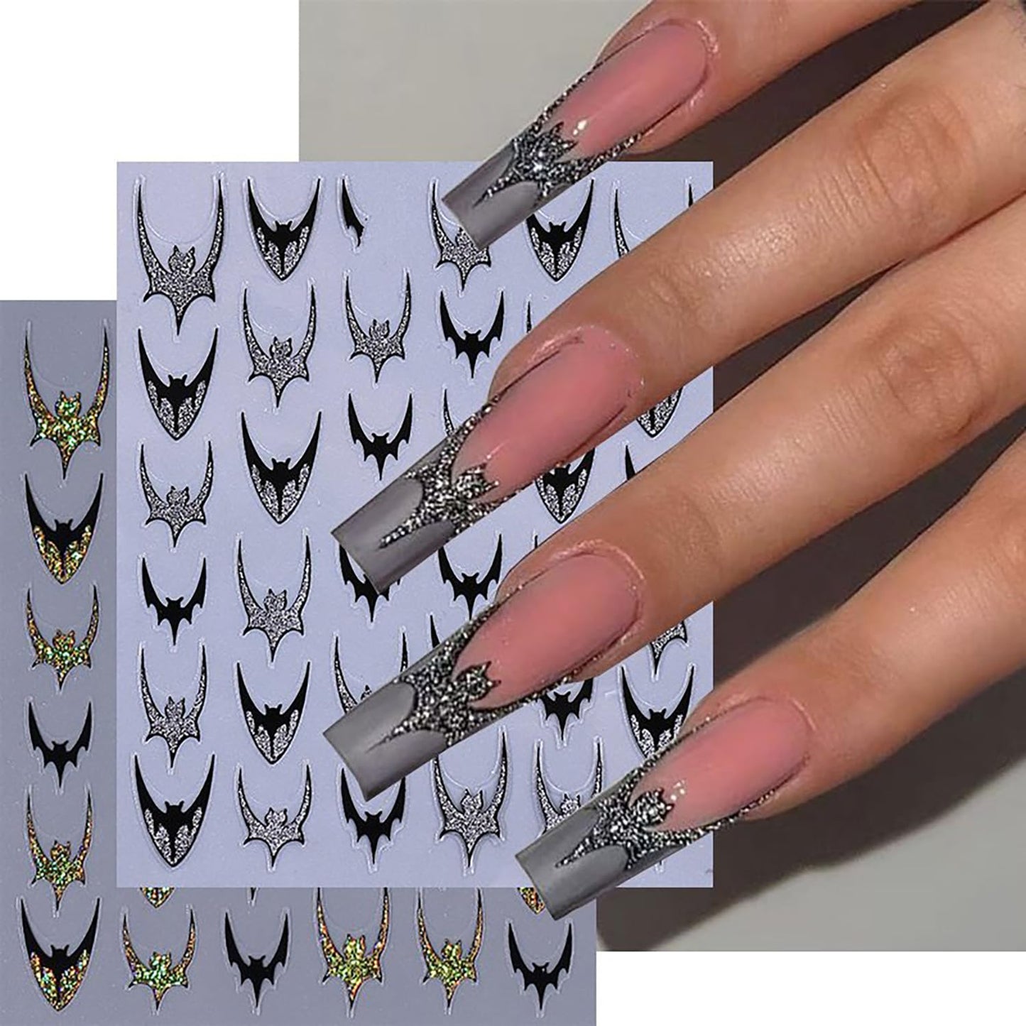 CJDLTS 6 Sheets Halloween Nail Art Stickers 3D Self -Adhesive Bat Nail Decals Holographic Hot Stamping Gold Silver Bat Nail Stickers Halloween French Nail Decoration for Women Manicure Supplies