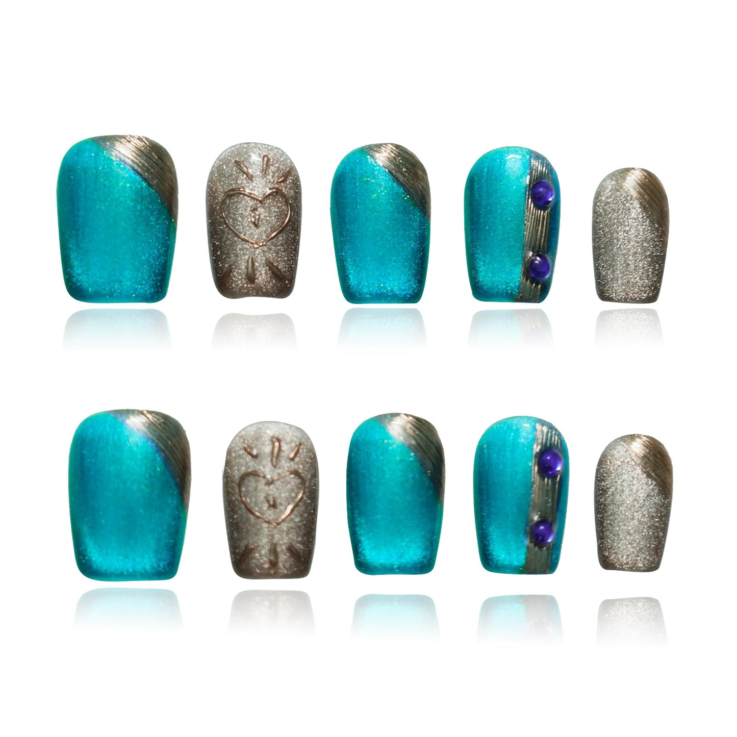 Tesytto Luxury Blue Cat Eye Press on Nails, Handmade 3D Short Square Nails Glitter Blue & Gold Ombre with Heart Line Art and Rhinestone Accents for New Year,Party, Valentine's Day (Neon Cat Eye,S)