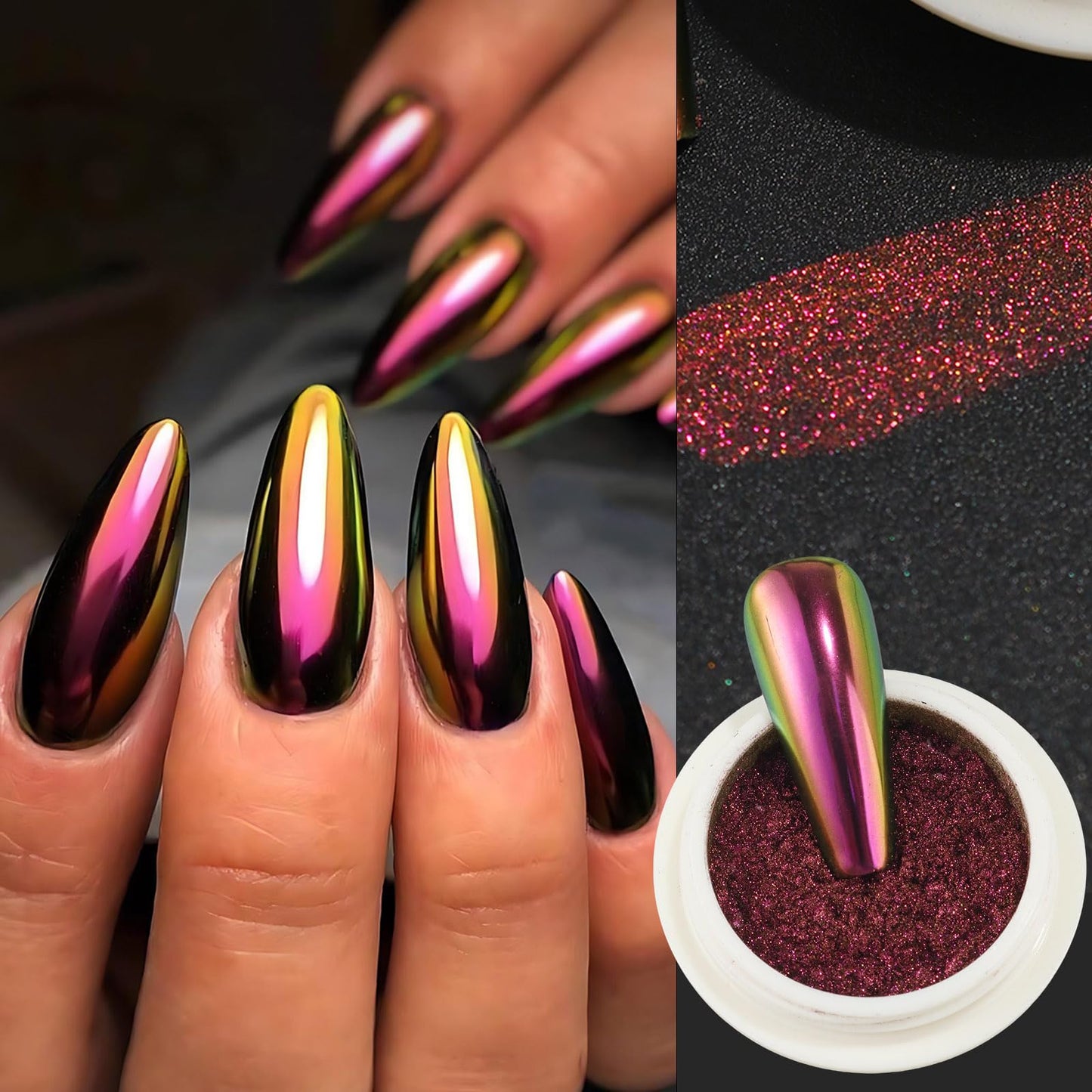 Chameleon Chrome Nail Powder,4pcs Magic Mirror Nail Glitter Pigment with Sponge Metallic Rubbing Dust Y2K Nail Gel Polish Galaxy Effect Salon-Quality Long-Lasting Nail Design