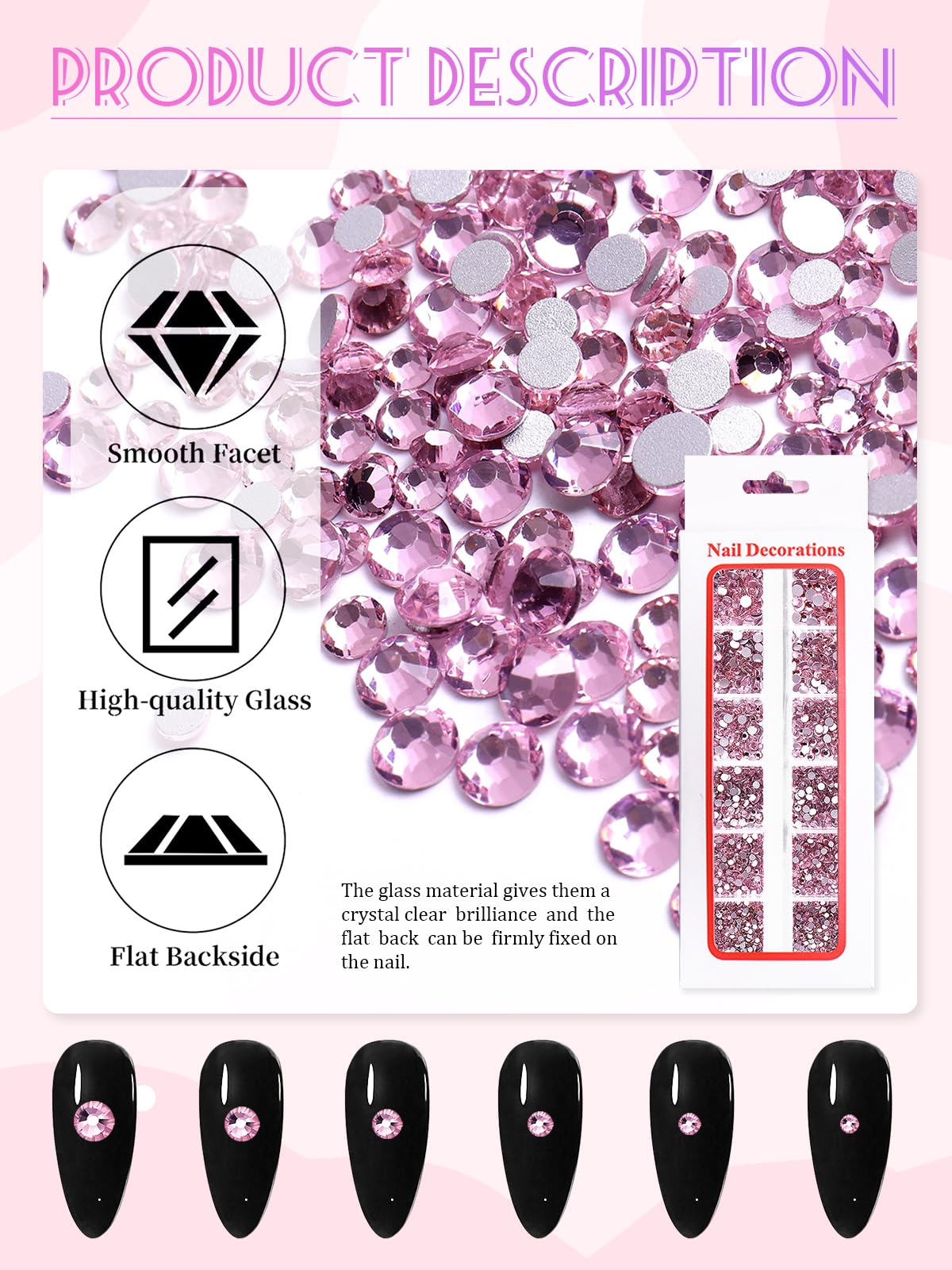 1620 Pcs Nail Art Rhinestones Pink Nail Charms Glass Nail Gems, Wsimily Crystal Flatback Shiny Mixed Nail Rhinestones Beads for DIY Manicure Craft with Tweezer Storage Box Picker Pencil