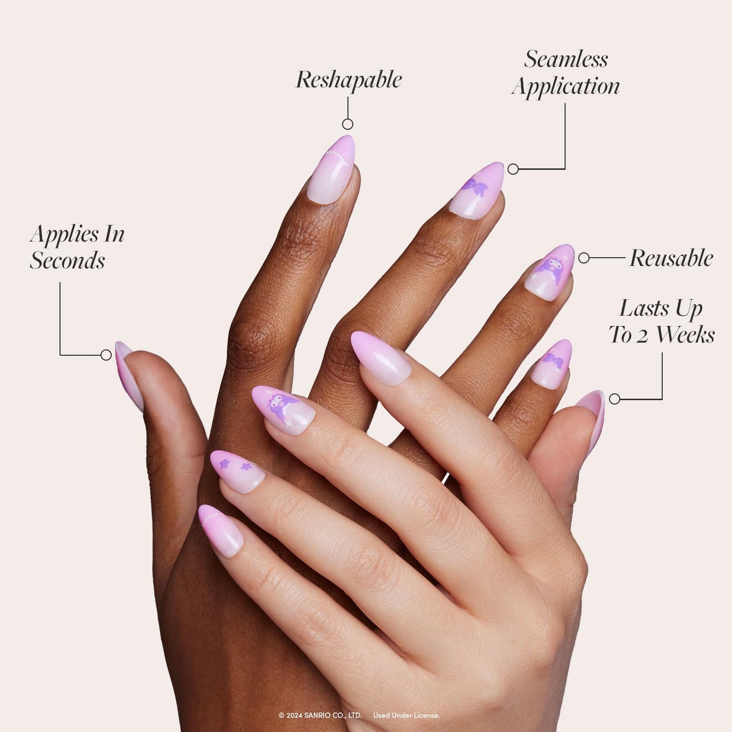 Glamnetic x Hello Kitty® and Friends Press On Nails - Kuromi™ | Short Almond Purple Ombre Graphic Fake Nails in a Glossy Finish | 15 Sizes - 30 Nail Kit with Glue