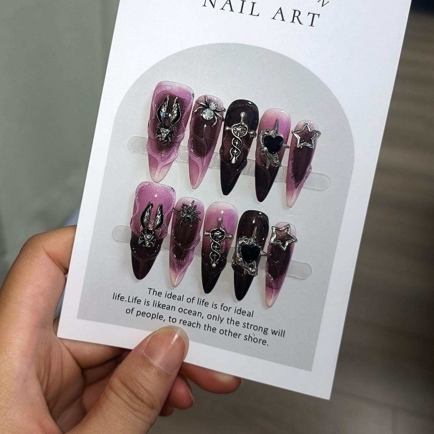 TENPAL 10Pcs Handmade Press On Nails Long Stiletto,Gothic Pink & Black Swirl Fake Nails with 3D Cross Spider Star Charms,Glossy Y2K Punk Glam Halloween Nails,Edgy Kawaii Nails for Parties Cosplay(S)