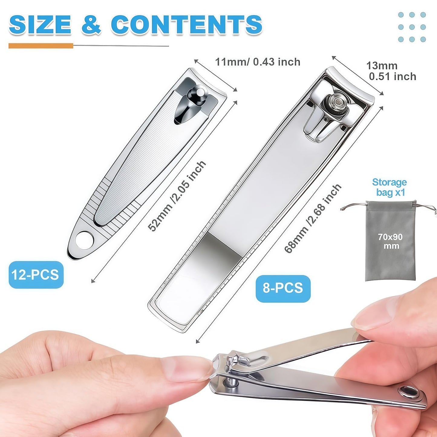 Keeshibao 20-Pack Stainless Steel Fingernail & Toenail Nail Clippers Bulk Set - 12 Small + 8 Medium Size with Storage Pouch, Manicure Kit for Men/Women Travel, Gifts, Homeless Care Supplies