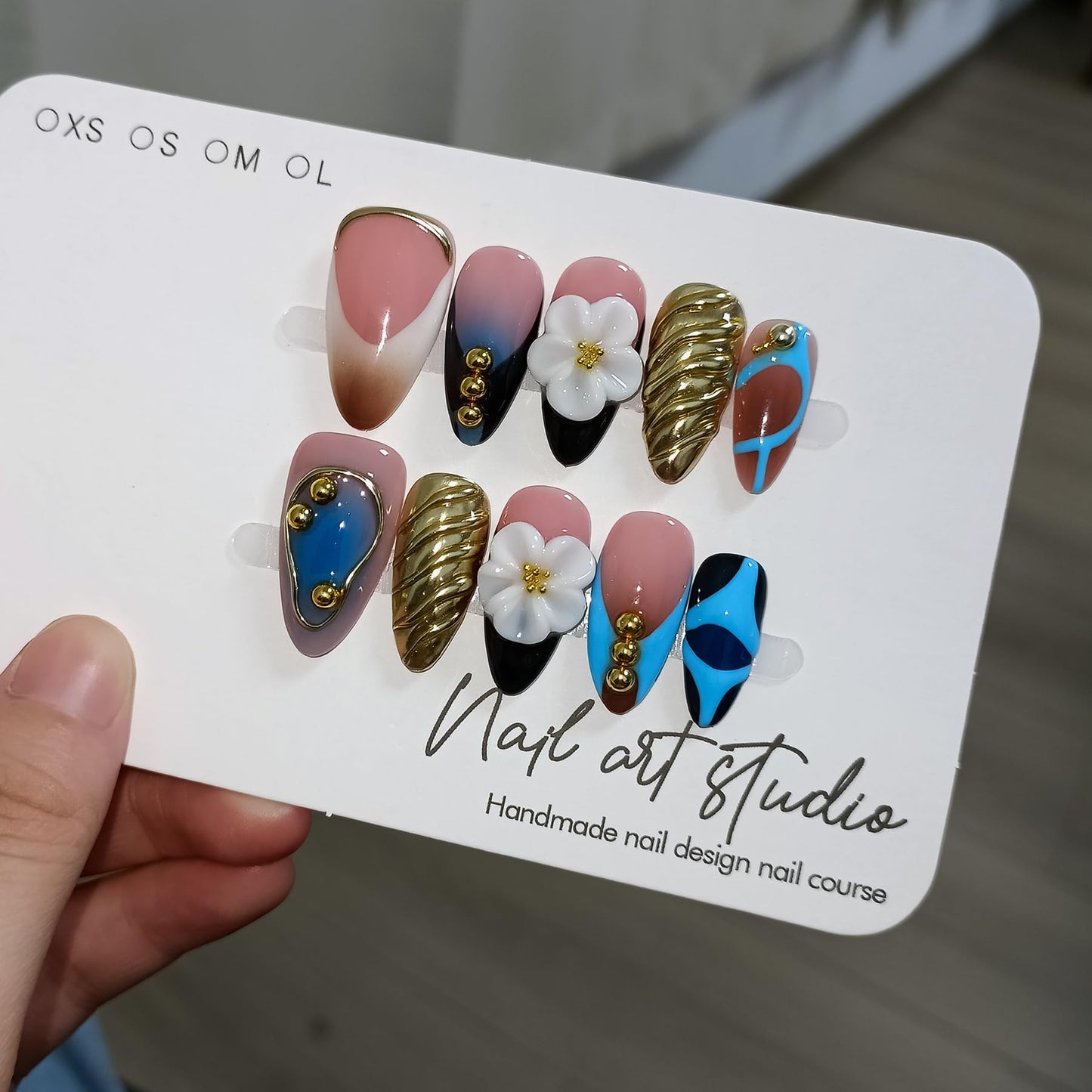 TENPAL 10Pcs Handmade Press On Nails With Tools,Gold & Blue French Tip Fake Nails Almond with 3D Floral Metal Charms,Glossy Thick Glue on Nails,Blushing Salon Acrylic Nails for Wedding Party(S)