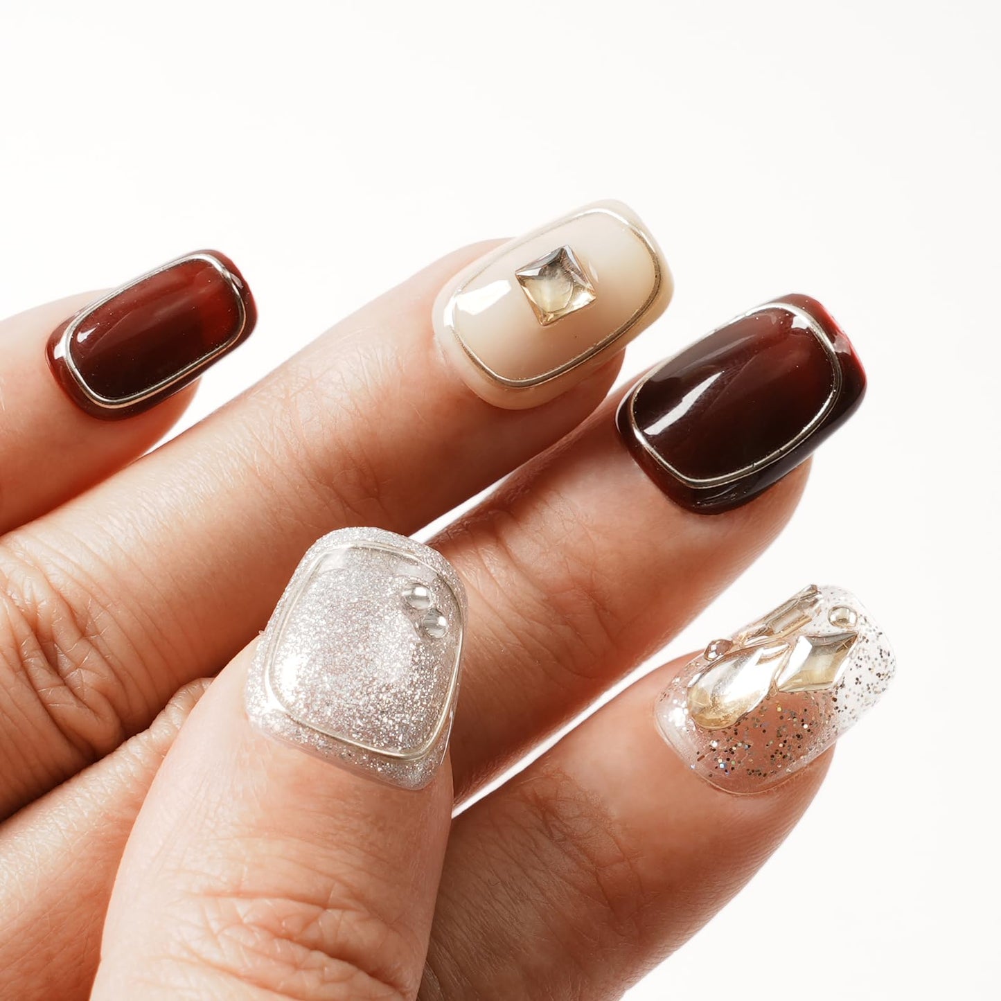 Tesytto Handmade 3D Press On Nails Short Coffin,New Year Valentine False Nails Burgundy Silver Glitter with Geometric Line Art & Hand-Set Rhinestones - 10Pcs Luxury Design (Fiery Red Lips,L)