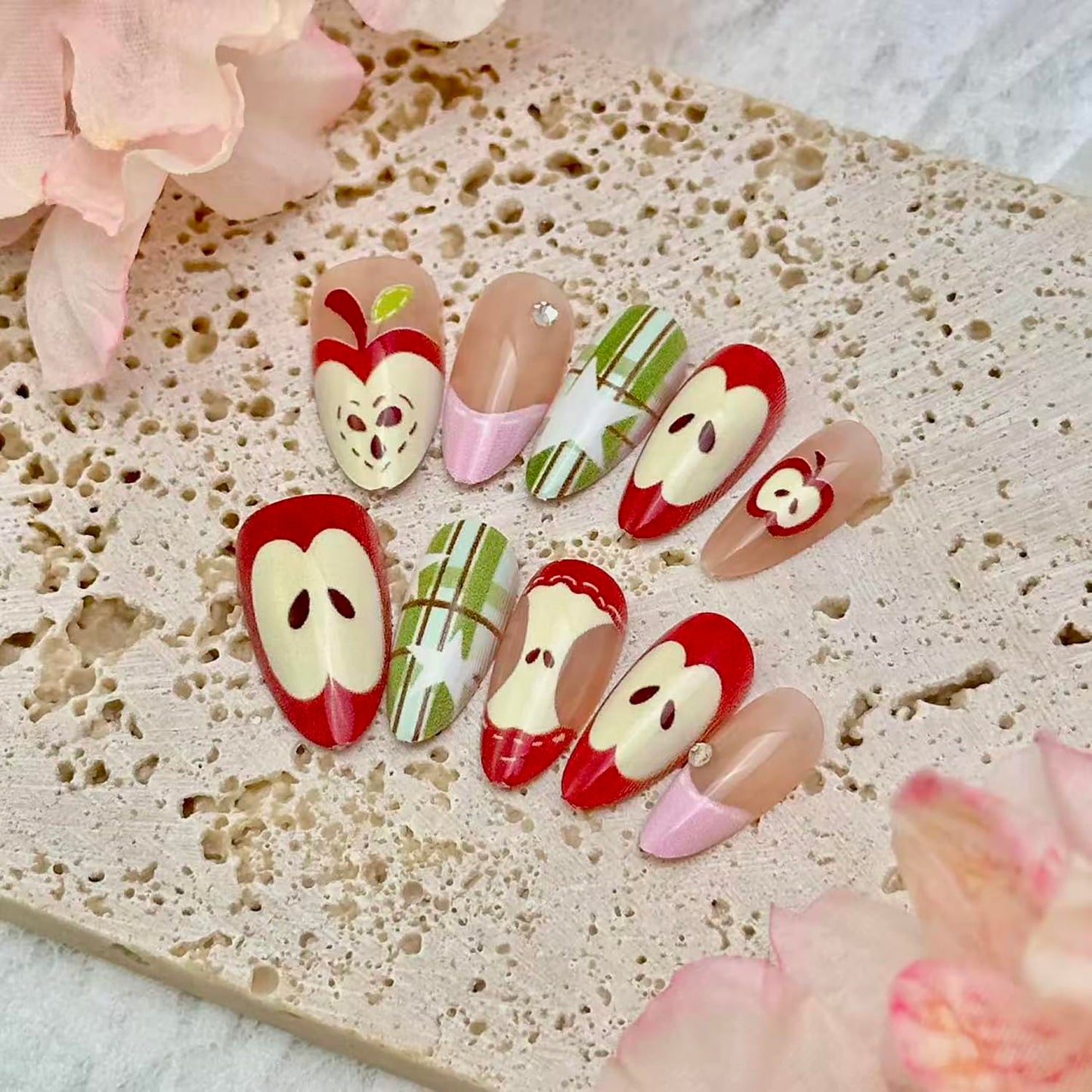 30pcs Almond Press on Nails Medium Fake Nails Pink French Tip Glue on Nails with 3d Rhinestones Designs Cute Apple Full Cover False Nails Green Plaid Star Artificial Stick on Nail Decoration for Women