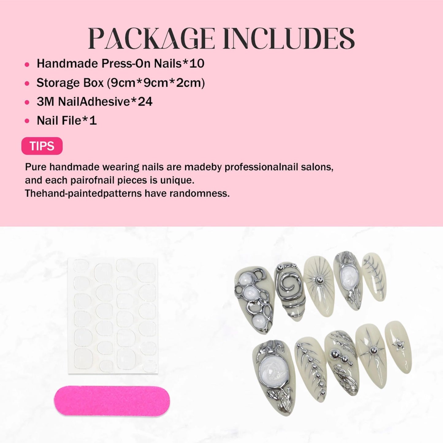 10Pcs Almond Press on Nails Handmade Short Fake Nails with Metallic Silver Design Hand-Painted 3D Art & Round Cat Eye False Nails Press ons Sparkly Reusable Acrylic Stick on Nail for Women (Size M)