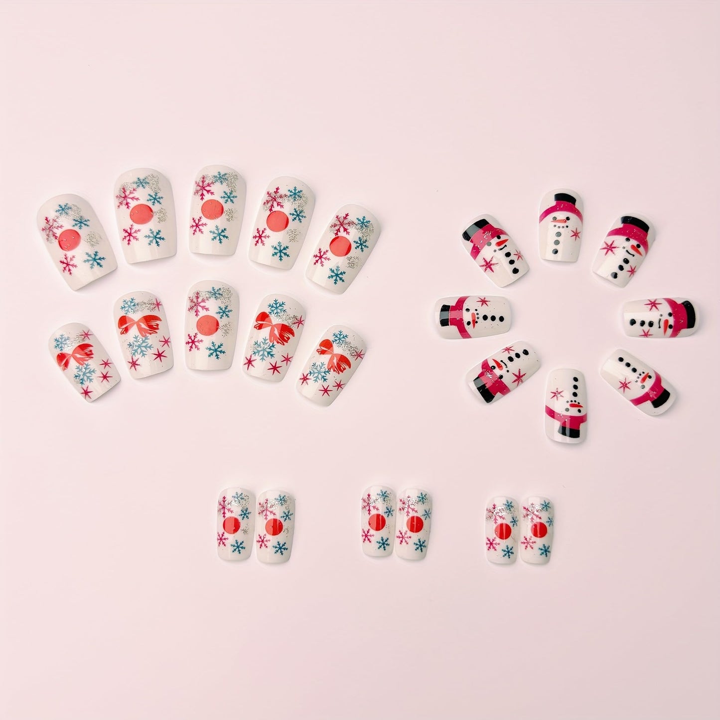 Christmas Press on Nails Medium Square Fake Nails Cute Snowman Bow False Nail with Snowflake Glitter Christmas Glue on Nail Full Cover Glossy Stick on Nail for Women Girls