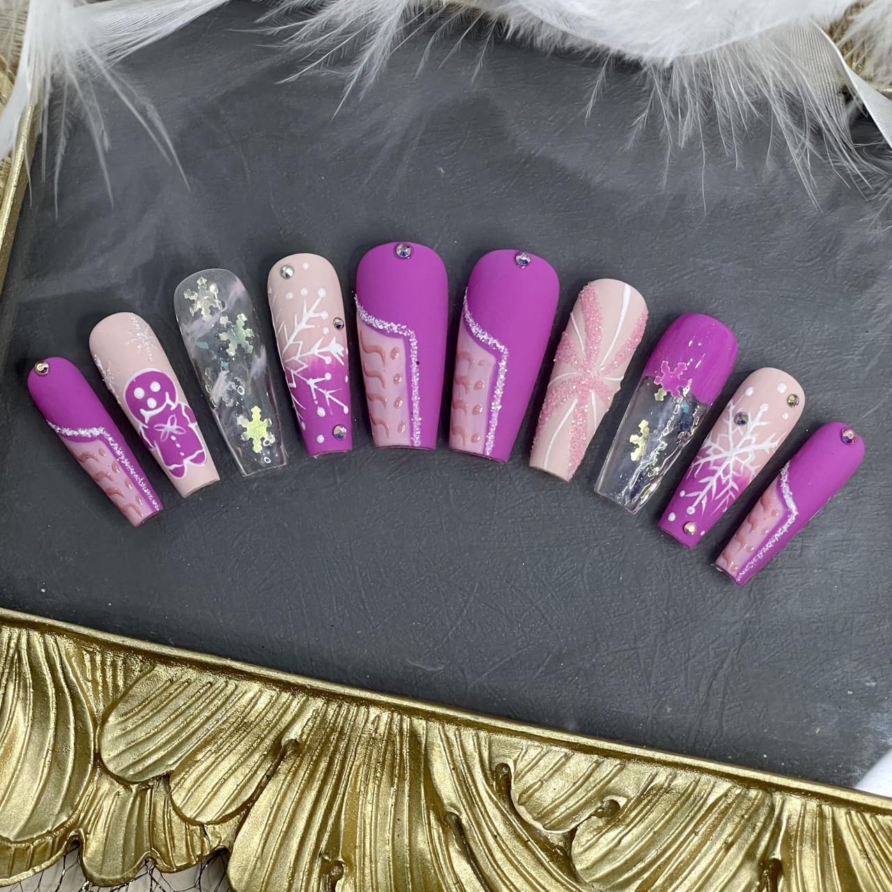 Christmas Press on Nail Handmade 3D Christmas with Rhinestones Fake Nails, False Tip For Women and Girls Full Cover - Haflona (Pink Xmas SM 14PCs)