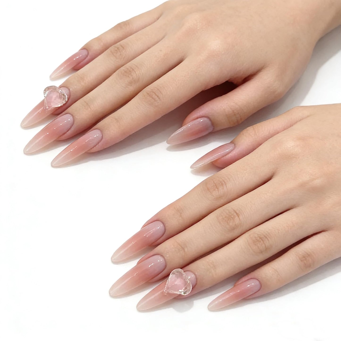 C.Z.Z.T.T.NAILS Press On Nails with 3d Heart Diamonds - Nude Pink Fake Nails,Long Almond-Shaped False Nails,Perfect Fake Nails for Women, 30pcs with Jelly Glue