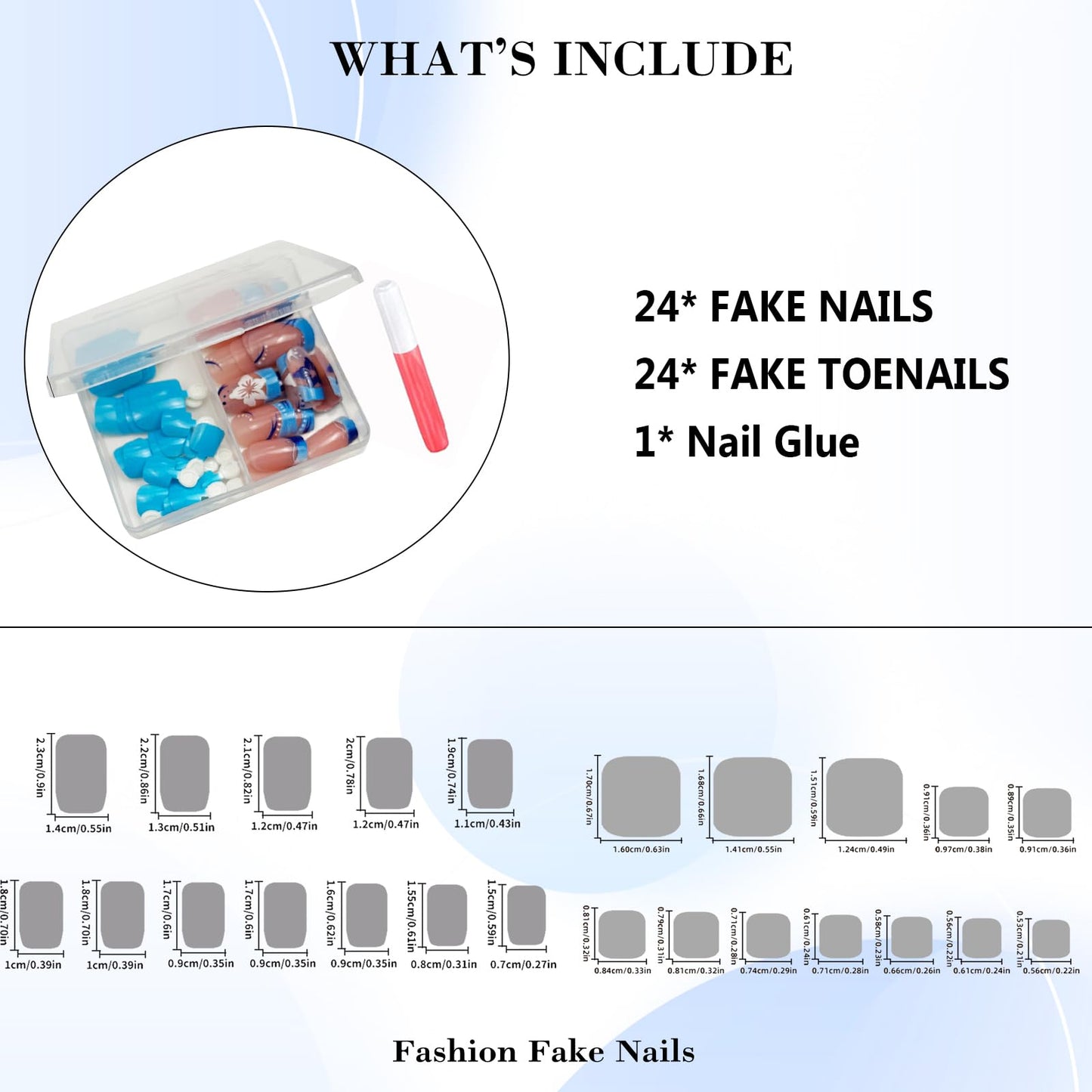 IMRAIN 48Pcs Press on Toe Nails Short Square Fake Toenails Blue French Tips Acrylic False Nails with White Flower Designs Full Cover Glossy Glue on Toe Nails Summer Artificial Nail Supplies