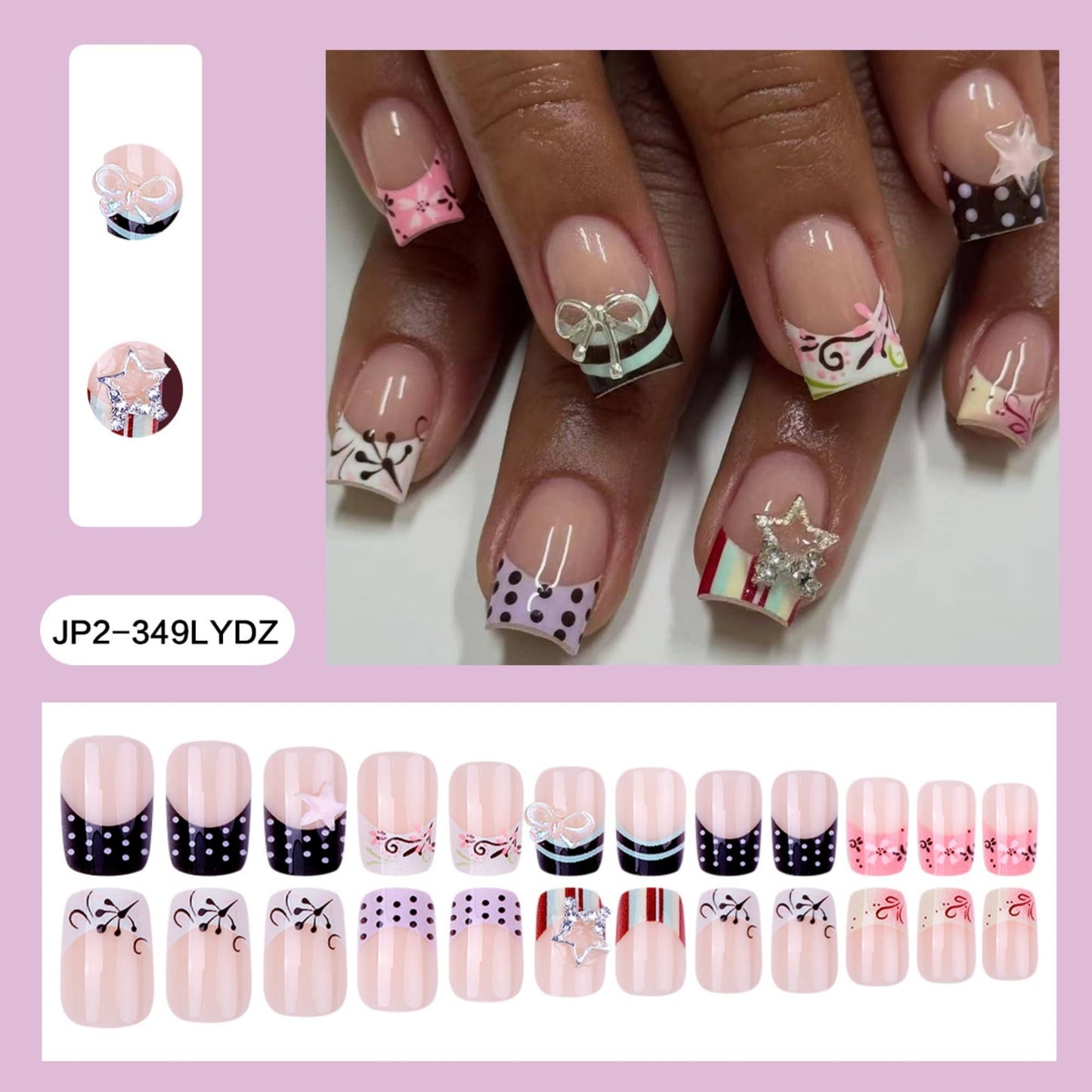 OCTOSWAVE Square Short Press on Nails with 3D Bows, Stars, Stripes & Polka Dots - 24Pcs Acrylic Fake Nails - Trendy Nail Art for Parties, Outdoors & Office