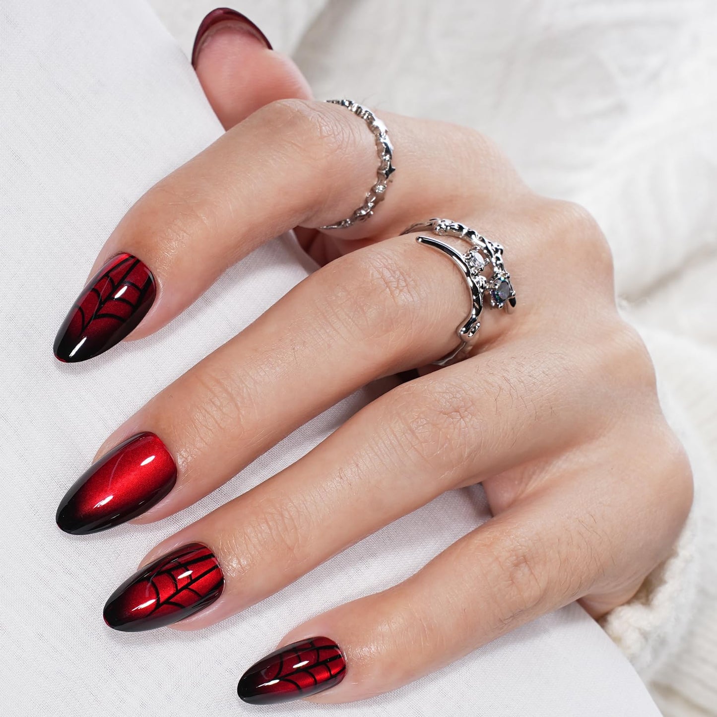 Sifvoo Red Spider Web Cat Eye Press On Nails Short Almond, Glossy Reusable Press On Nails for Women, 32 Count 16 Sizes Nail Kit with Glue (SV-10)