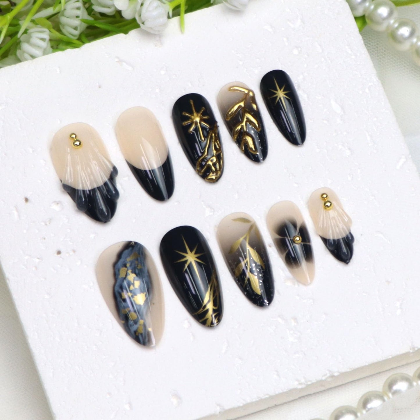 Almond Press on Nails Medium False Nails with 3D Water Ripples Golden Stars Pearls Leaves Flowers Designs Nude Acrylic Nails Press ons Black French Fake Nails for Girls 24Pcs
