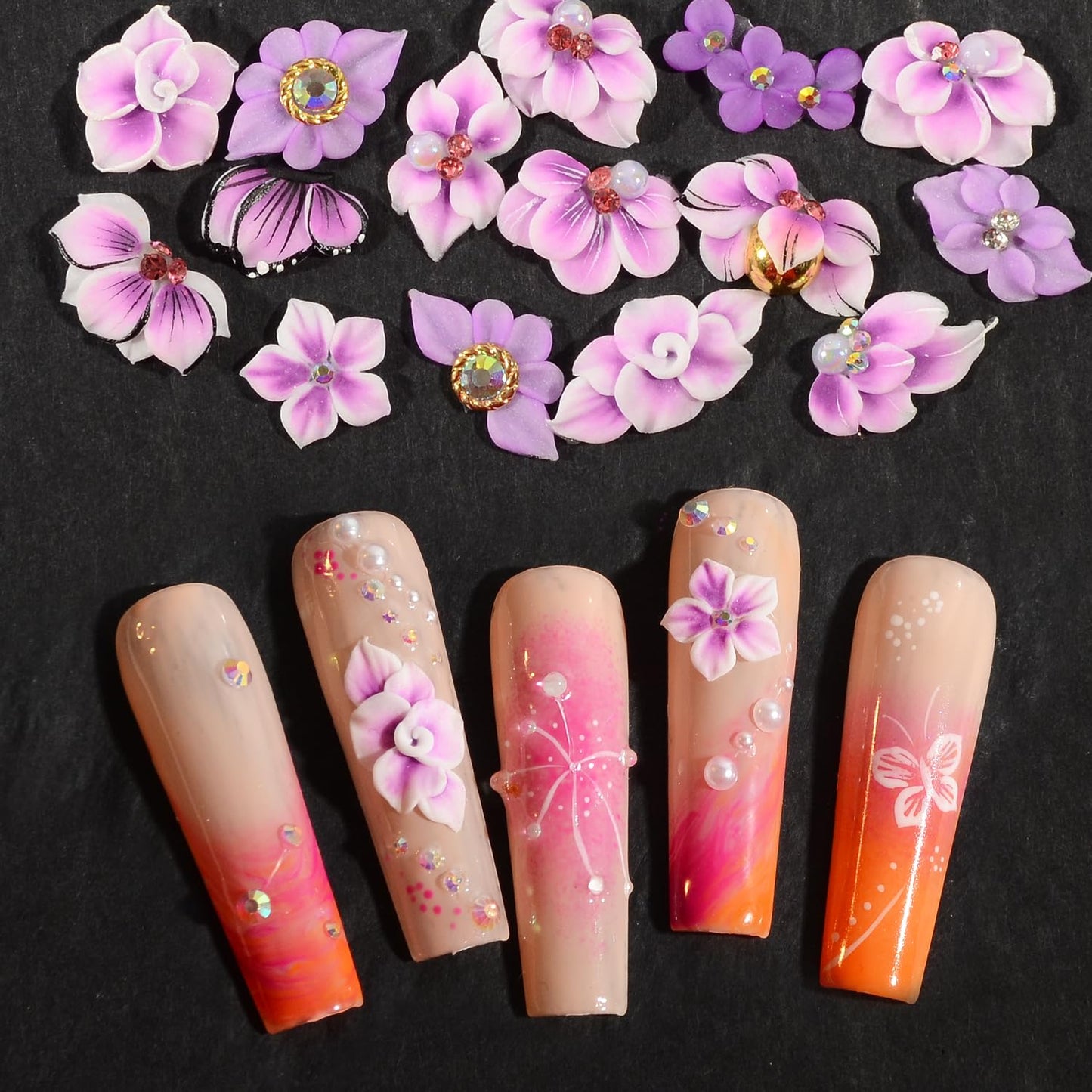 30PCS 3D Handmade Flower Nail Art Charms Advanced Handcrafted Cherry Blossom Flower Colorful Sculpted Floral Nails with Rhinestone Caviar Beads Design for Women Profession Nail Art Craft Jewelry