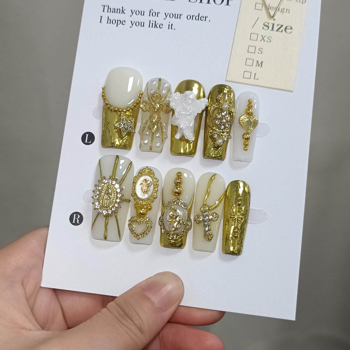 TENPAL Baroque Press on Nails Long Coffin 3D Embossed Pearl Cross Charm Luxury False Nails for Women Gold Glam Royal Cathedral Style Glue on Nails for Parties Holiday Events(S)