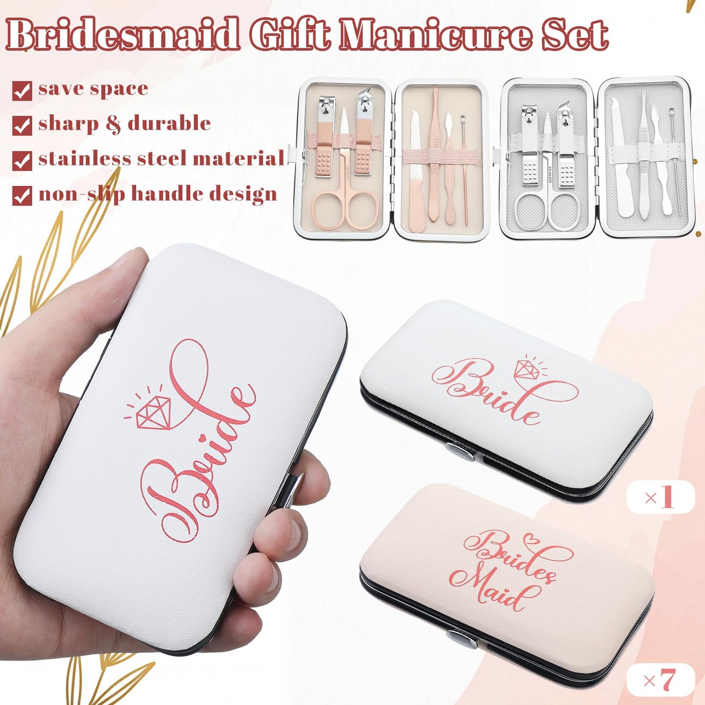 Lanties 8 Pack Bridesmaid Proposal Gifts 7 in 1 Manicure Set Gifts for Women 1 Bride Stainless Steel Nail Clipper Set 7 Bridesmaid Manicure Sets for Bridal Shower Wedding Bachelorette Party Favors
