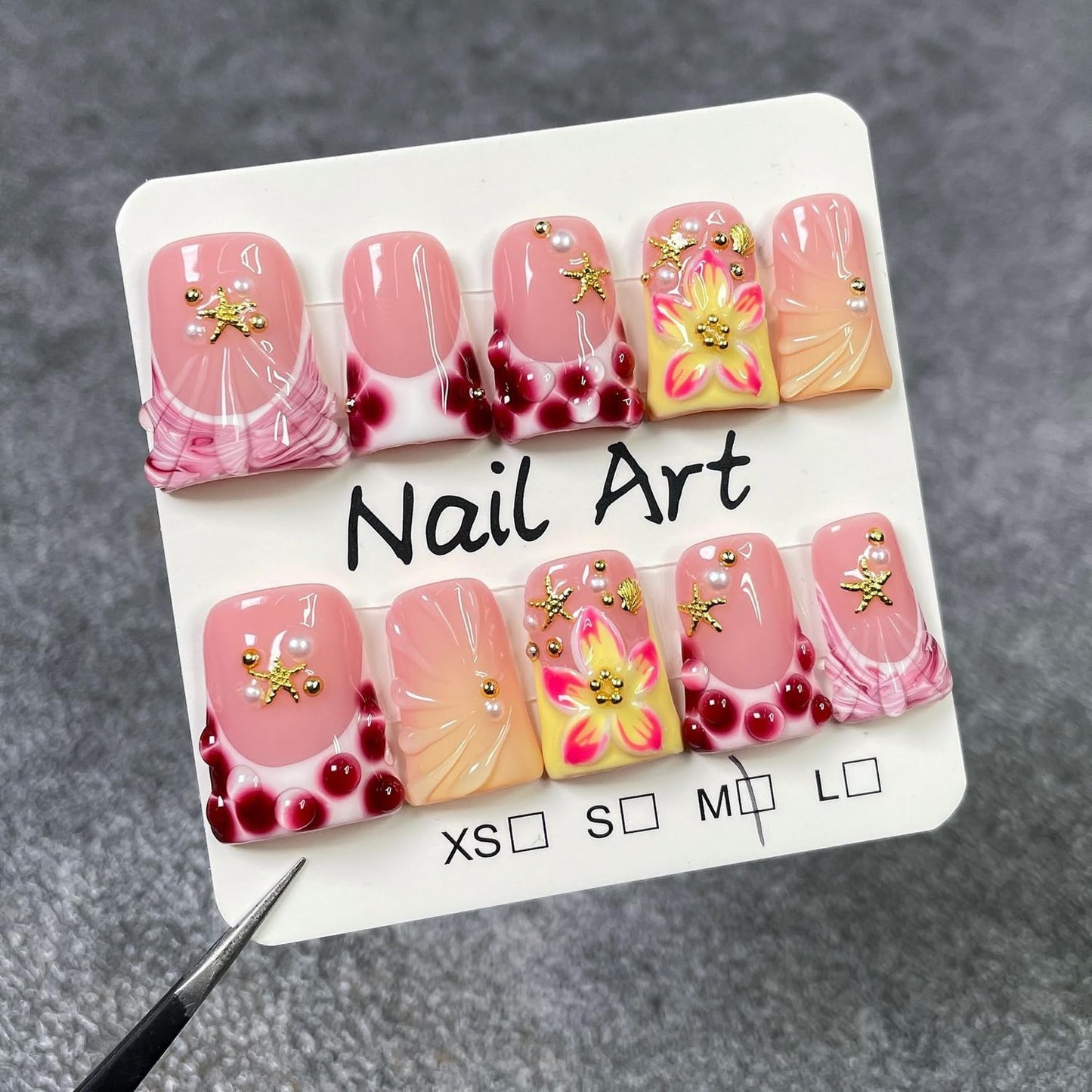 Duck Handmade Press on Nails Short Muti-Layer Gel False Nail Kit Blue Pink French Tip Fake Nails with 3D Flower Starfish and Pearl Design Luxury Artificial Full Cover Stick on Nails for Women (Size S)