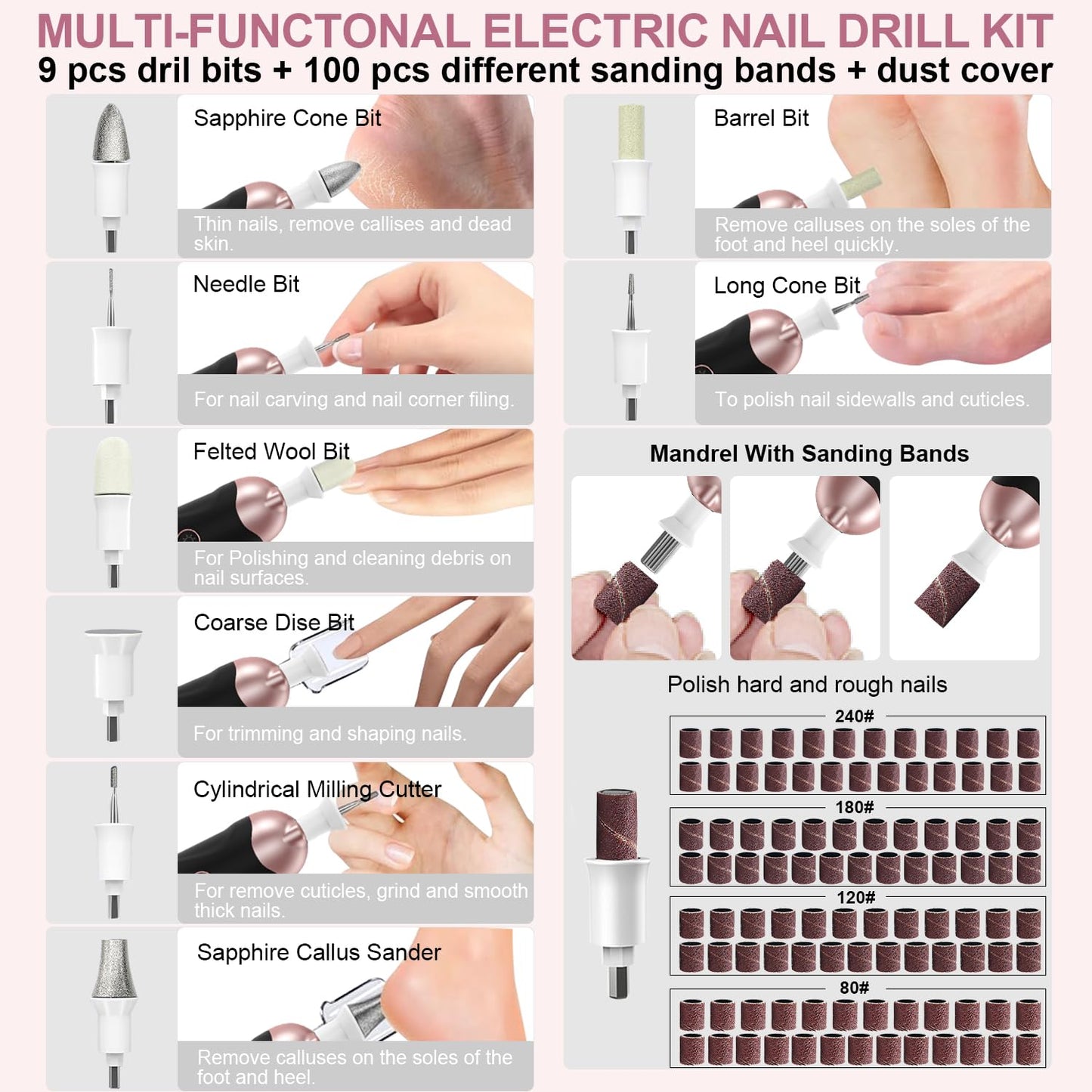 Professional Manicure Pedicure Kit, 9 in 1 Cordless Nail Drill with 100 pcs Nail Drill Bits Sanding Bands, Nail Grinder for Human, 5 Speeds, Nail Dremel Kit for Home and Salon Use