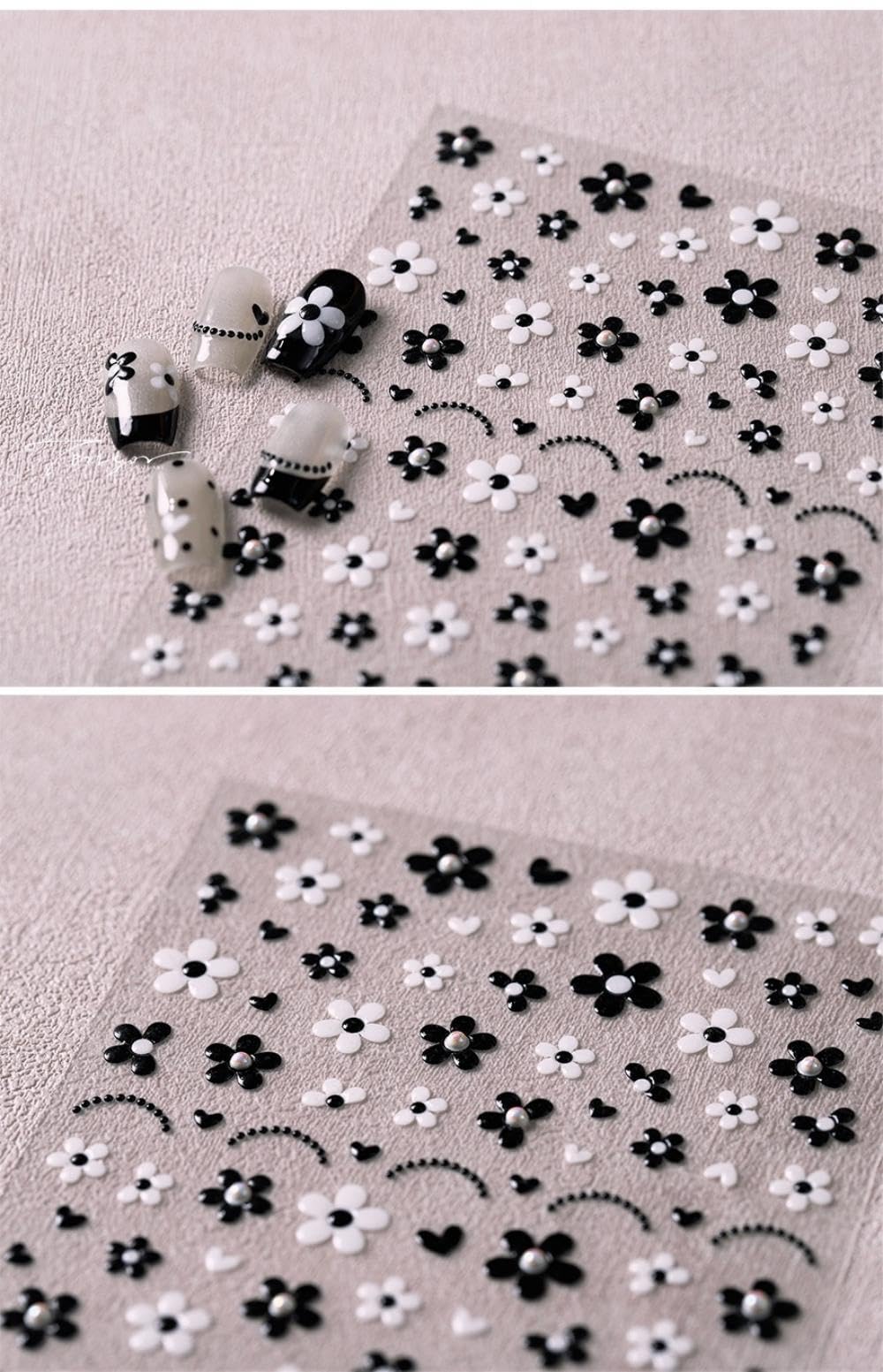 5D Embossed Flower Nail Art Stickers Black White Flower Nail Stickers with Pearl Design Self-Adhesive Nail Decals for Women Girls Spring Summer Manicure DIY Nail Supplies