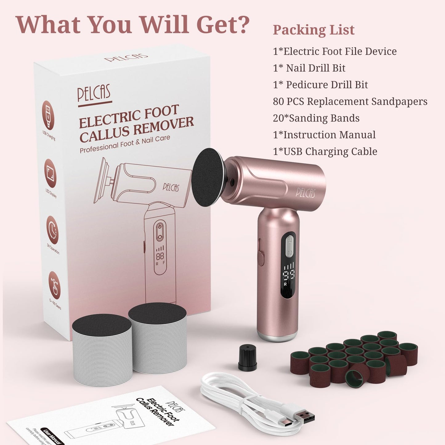 PELCAS Electric Foot Callus Remover with LED Screen, 2 in 1 Manicure & Pedicure Kit, 100 PCS Sandpapers Electric Foot File for Women & Men, Cordless Feet Filer for Foot Callus, Thick Nails Pink