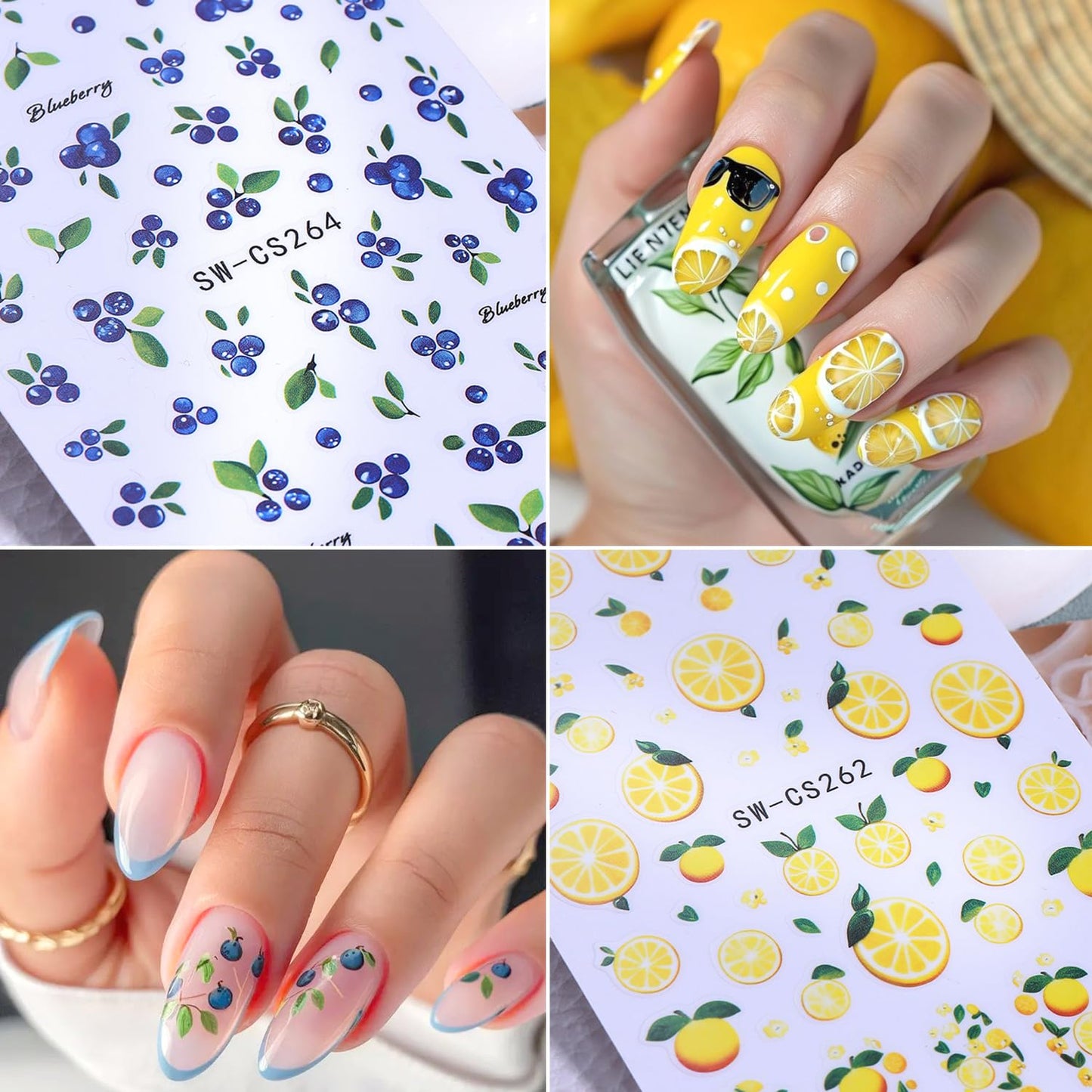 5Sheets Fruit Nail Art Stickers 3D Bohemia Fruit Design Nail Decals Self-Adhesive Flower Pattern Totem Lemon Nail Sticker Summer Strawberry Blueberry Nail Decal for Women DIY Nails Decoration Supplies